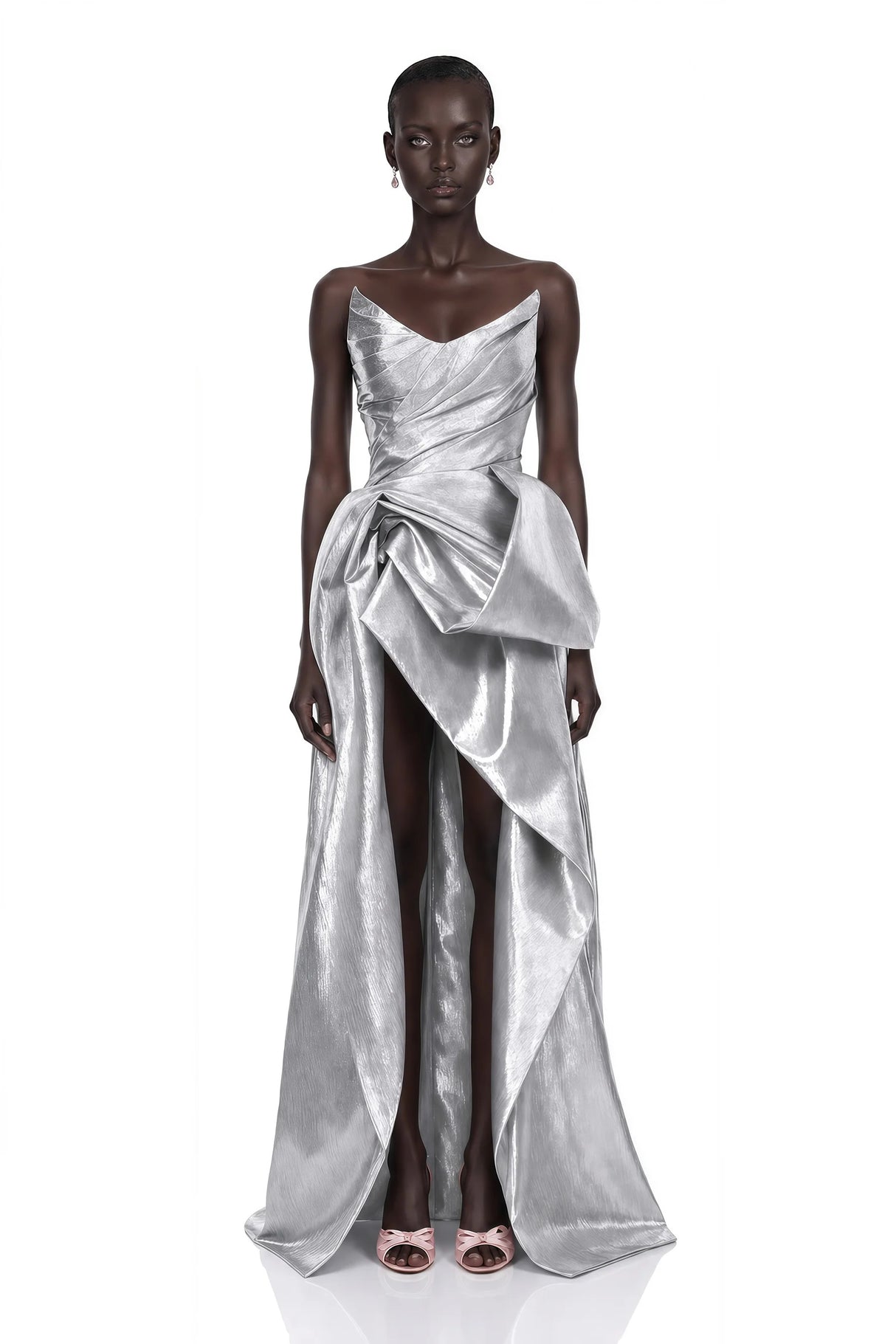 Adina Silver Glossy Asymmetrical Ruched Gown