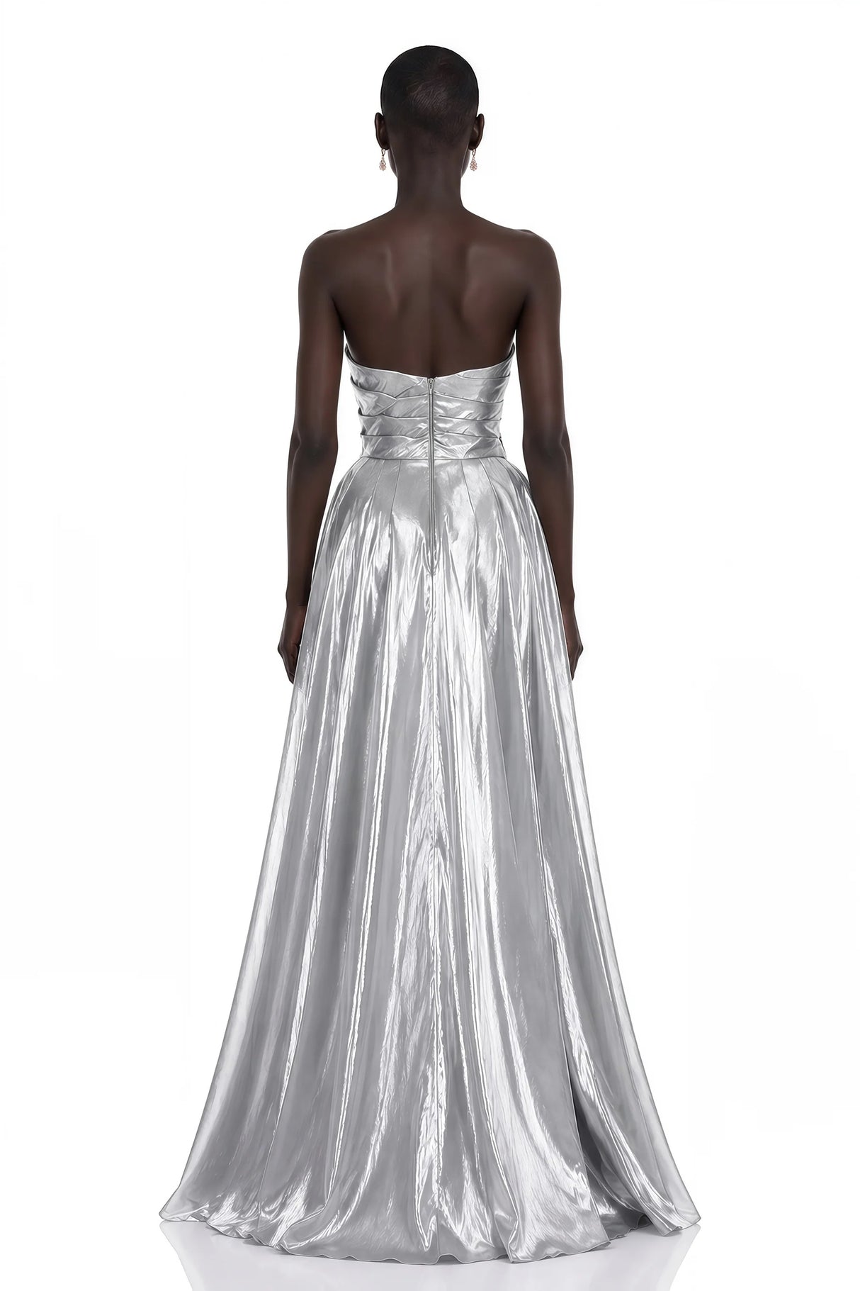 Adina Silver Glossy Asymmetrical Ruched Gown