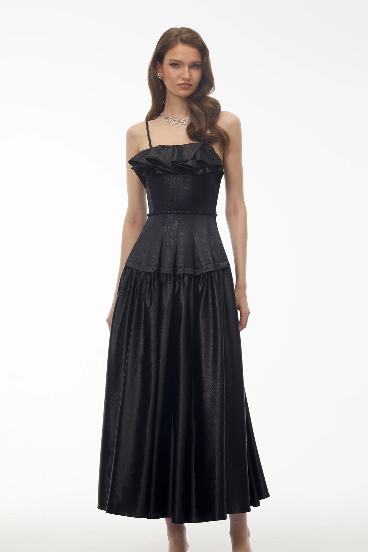 Adriana Black Pleated Maxi Dress with Ruffled Trim