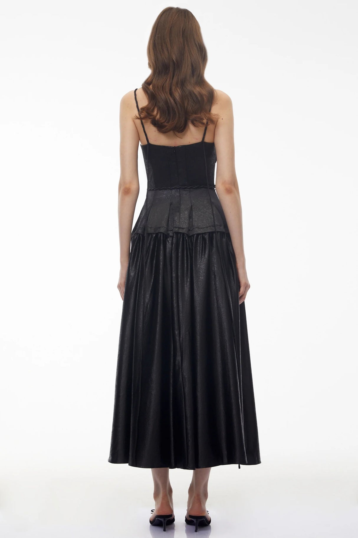 Adriana Black Pleated Maxi Dress with Ruffled Trim