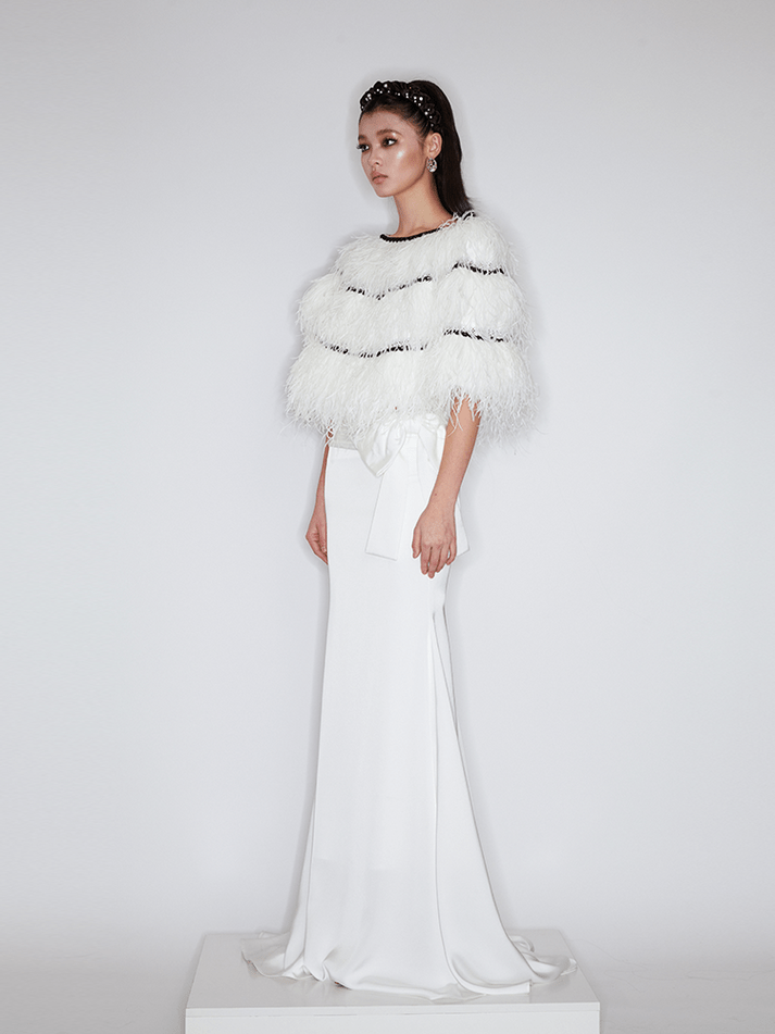 Adriana Feather - Embellished Cape - Luxurious Ostrich Feathers - Statement Design - Contrasting Trim - Relaxed Fit