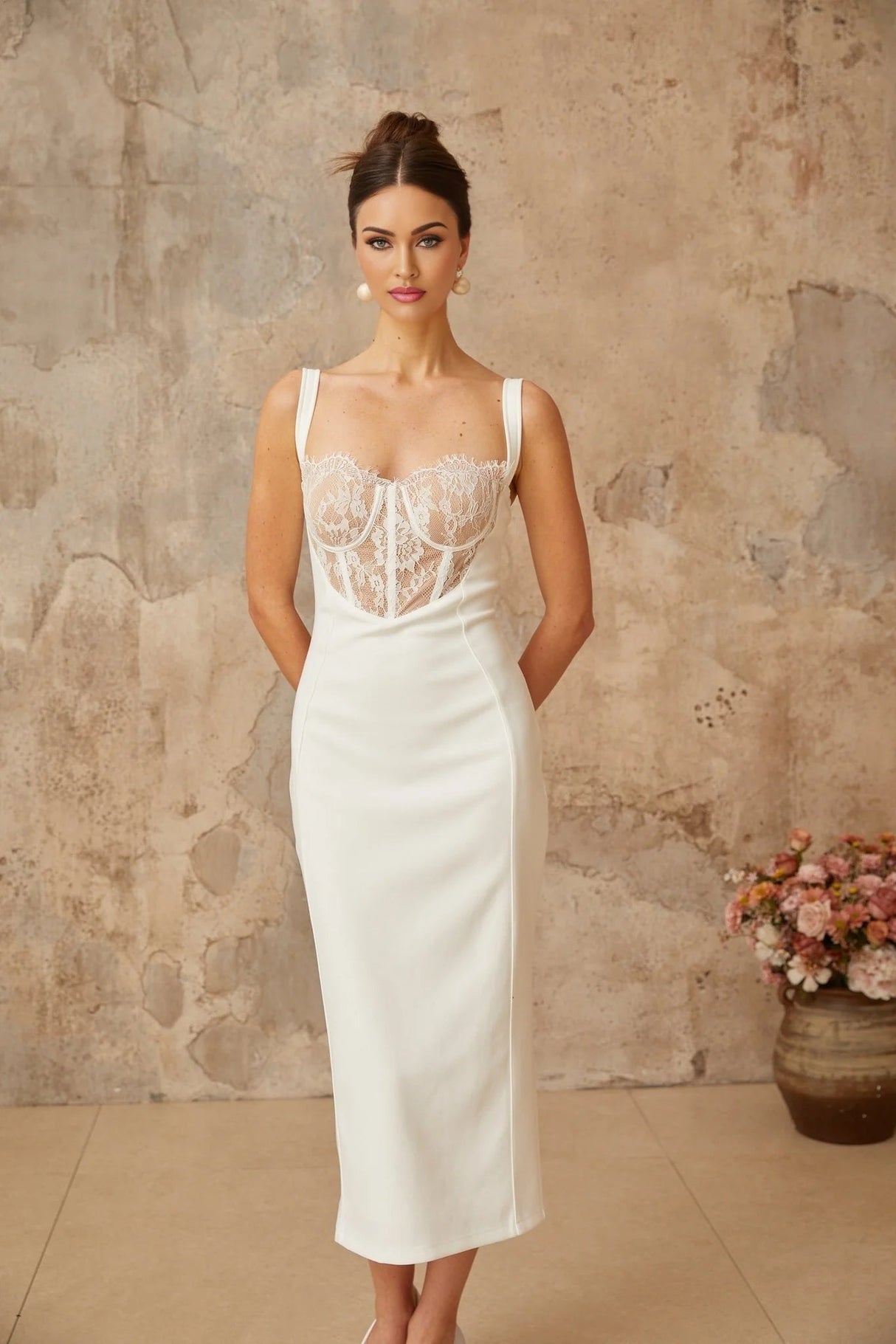 Adriana Midi Dress White Lace - panel Corset Fitted Silhouette & Rear Slit
