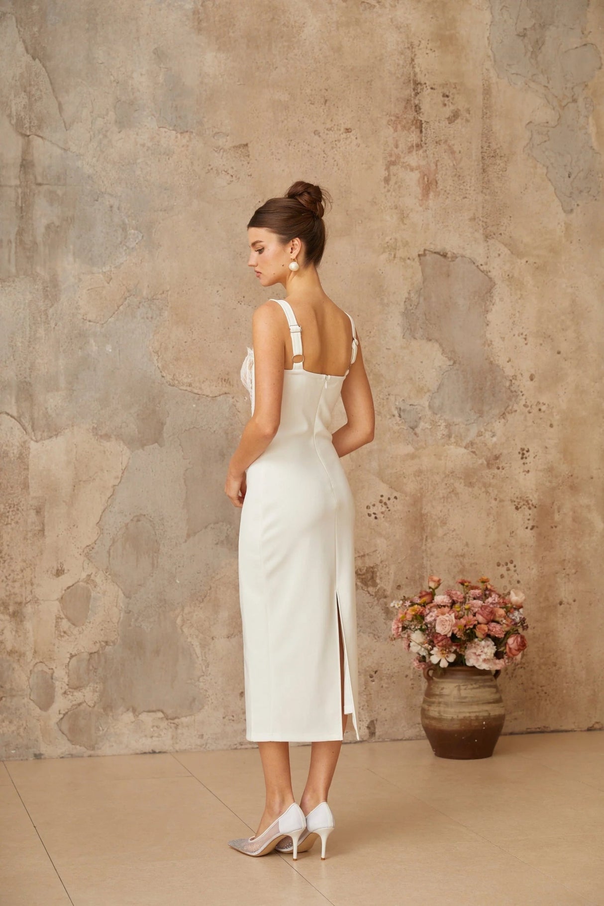 Adriana Midi Dress White Lace - panel Corset Fitted Silhouette & Rear Slit