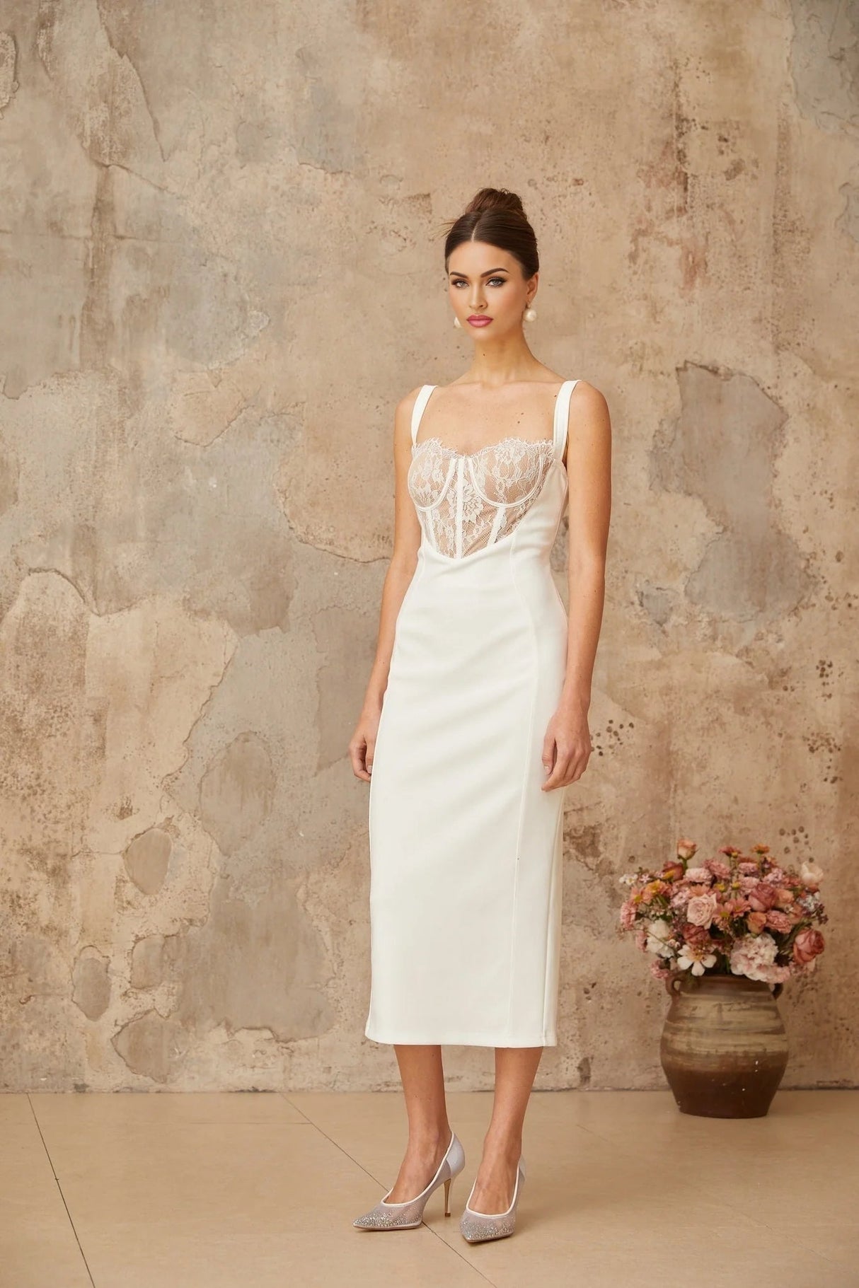 Adriana Midi Dress White Lace - panel Corset Fitted Silhouette & Rear Slit