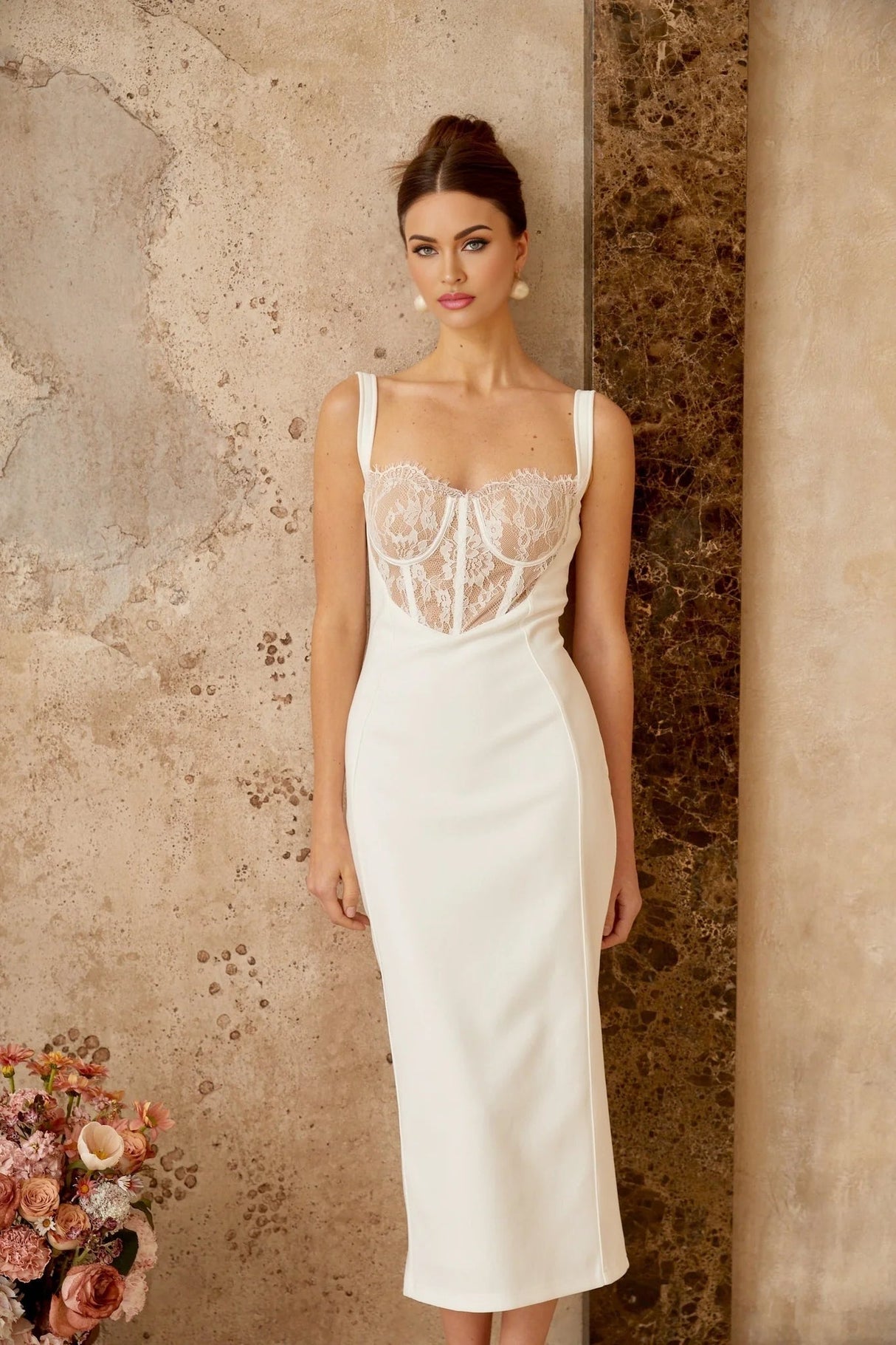 Adriana Midi Dress White Lace - panel Corset Fitted Silhouette & Rear Slit