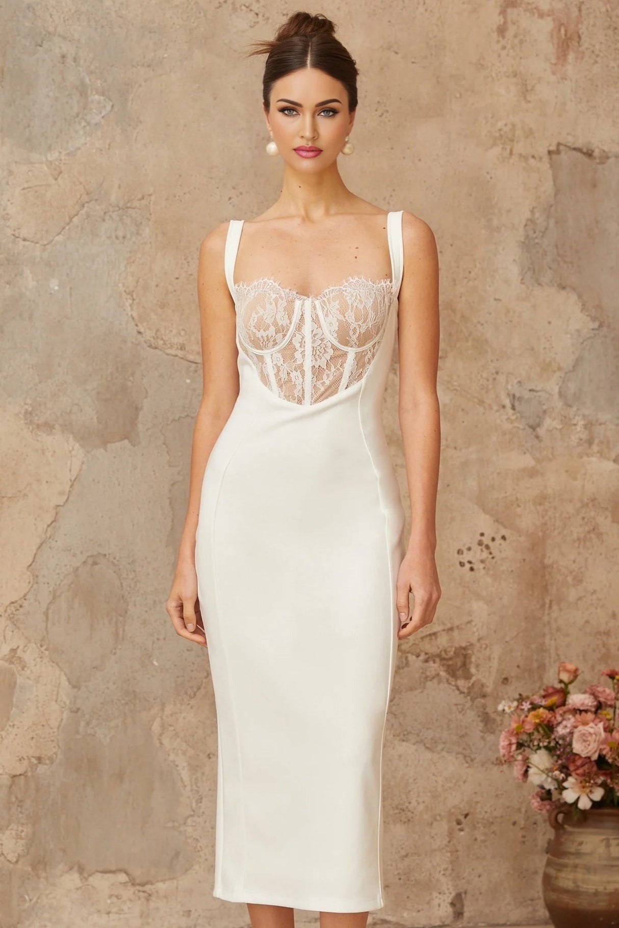 Adriana Midi Dress White Lace - panel Corset Fitted Silhouette & Rear Slit