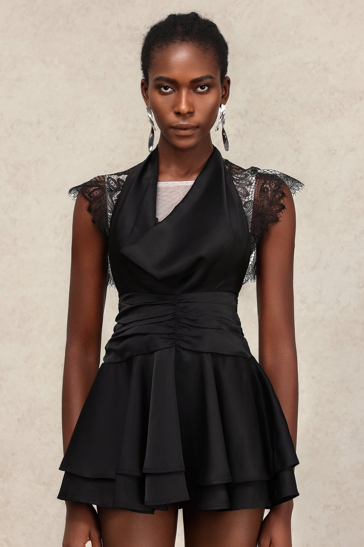 Adrianna Black Lace Mini Dress V-Neckline Special Occasions Evening Outings Formal Events