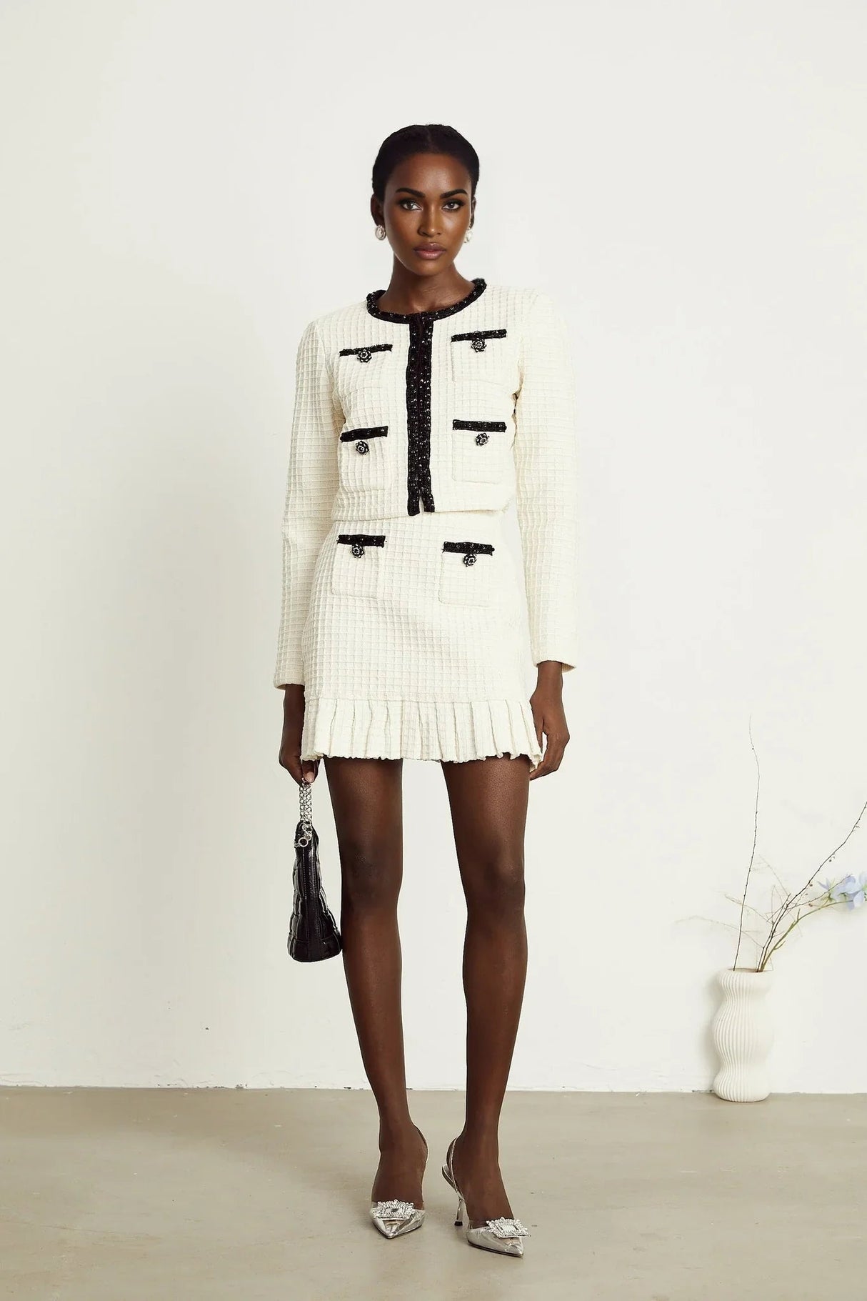 Adrianna Jacket & Skirt - Waffle Knit Texture - Bead Embellishments - Cropped Jacket Style - Pleated Hem