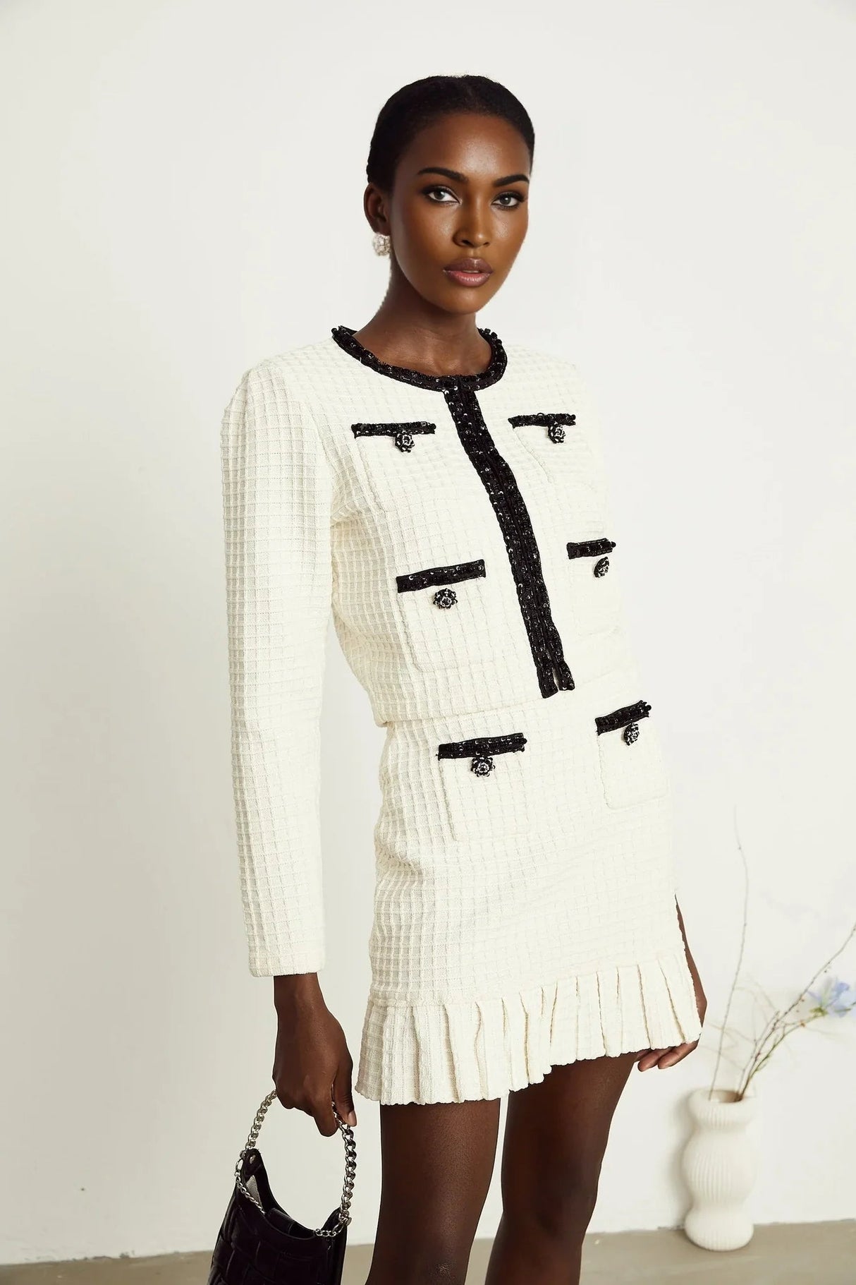 Adrianna Jacket & Skirt - Waffle Knit Texture - Bead Embellishments - Cropped Jacket Style - Pleated Hem