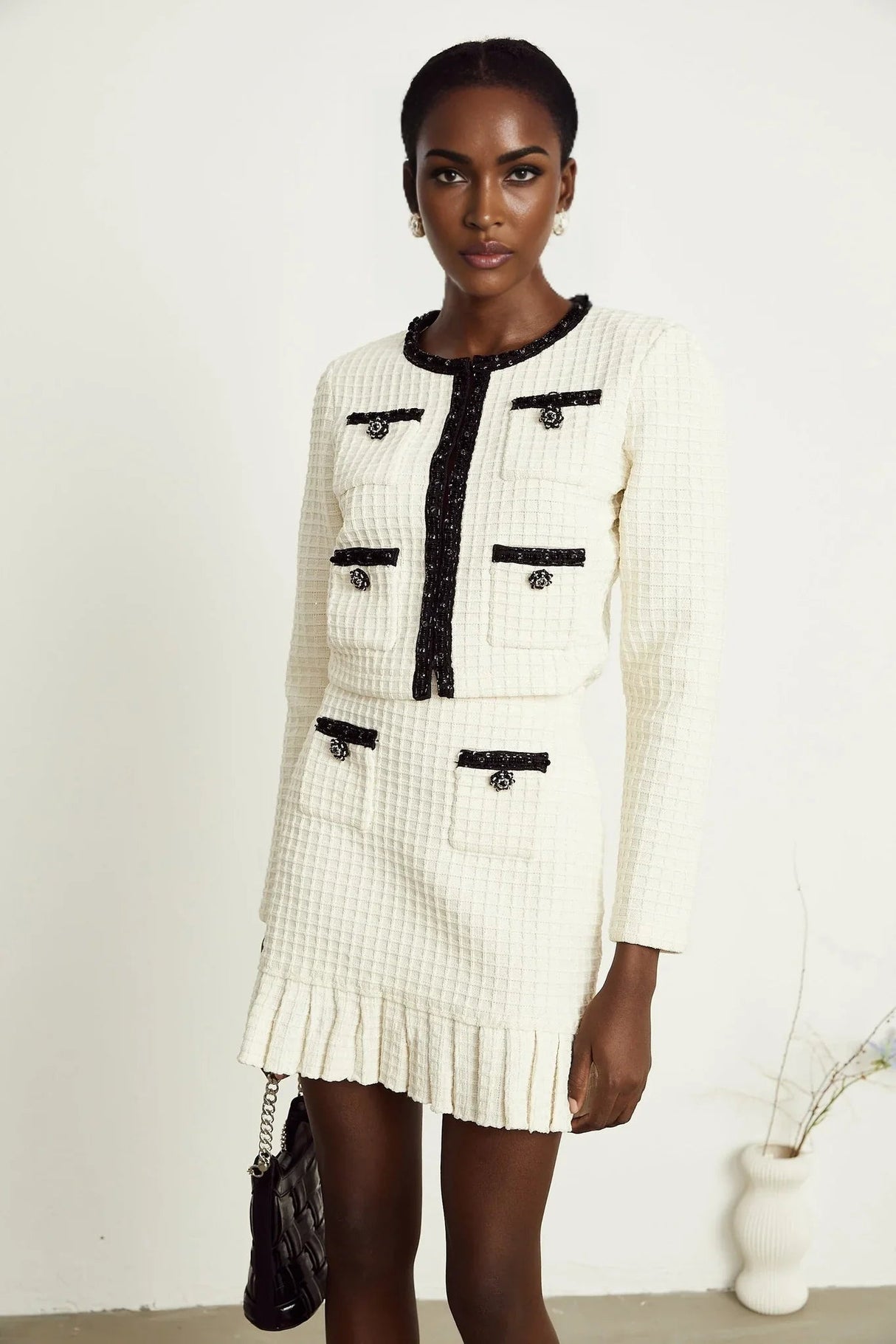 Adrianna Jacket & Skirt - Waffle Knit Texture - Bead Embellishments - Cropped Jacket Style - Pleated Hem