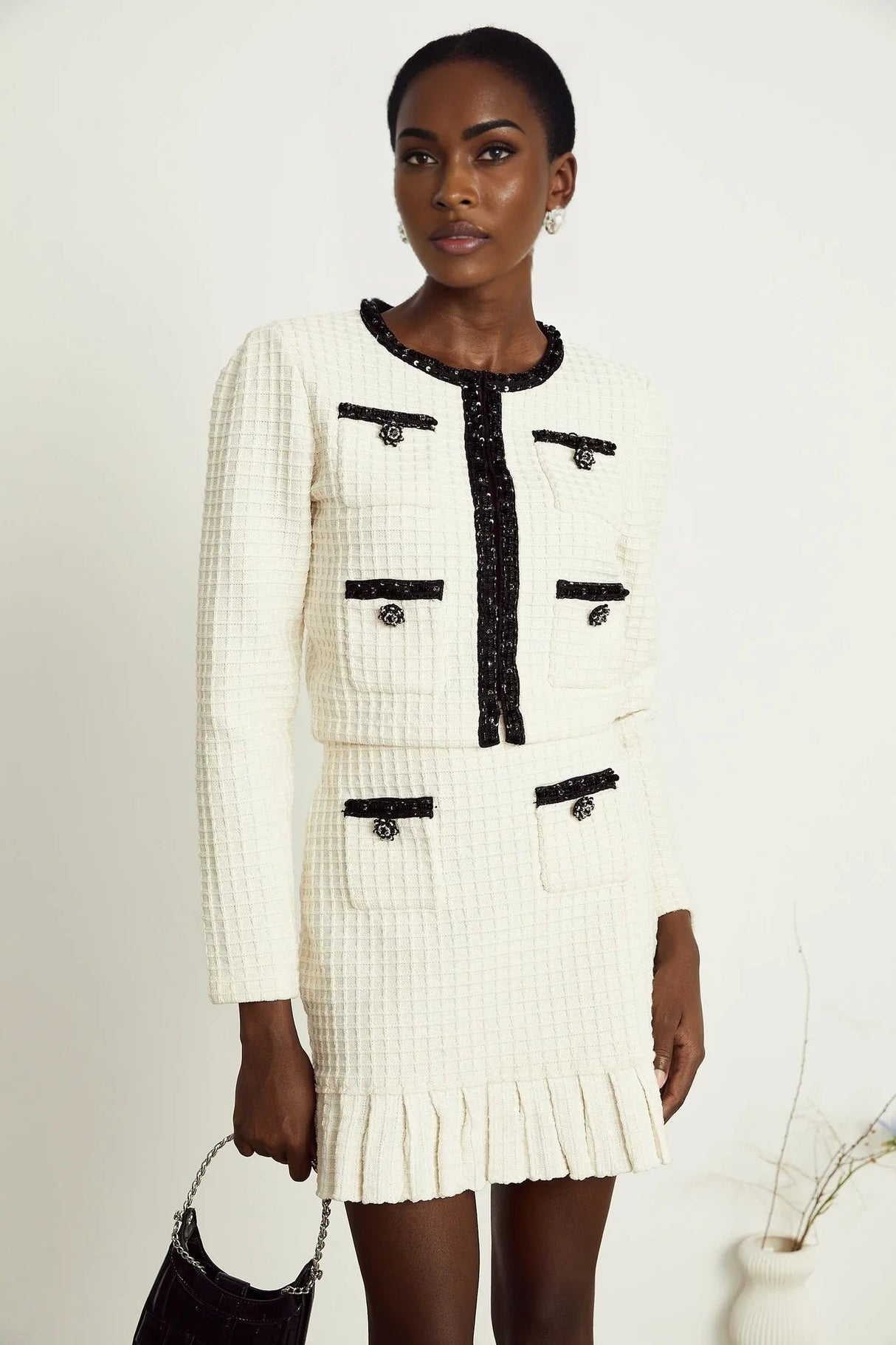 Adrianna Jacket & Skirt - Waffle Knit Texture - Bead Embellishments - Cropped Jacket Style - Pleated Hem