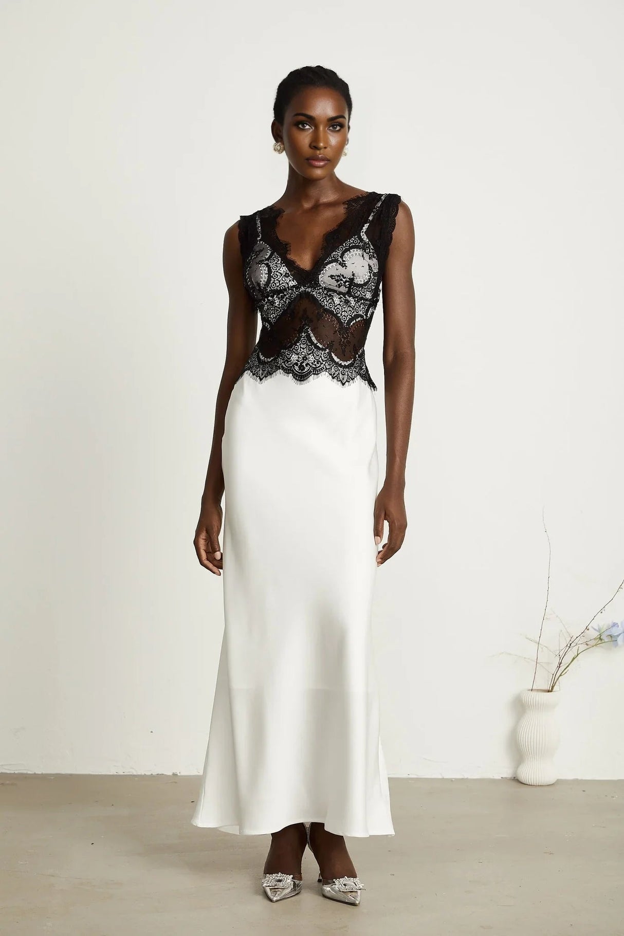 Adrianna Maxi Dress - V Neck - Sleeveless - Satin & Lace Overlay - Flared Hem - Contrast Colors