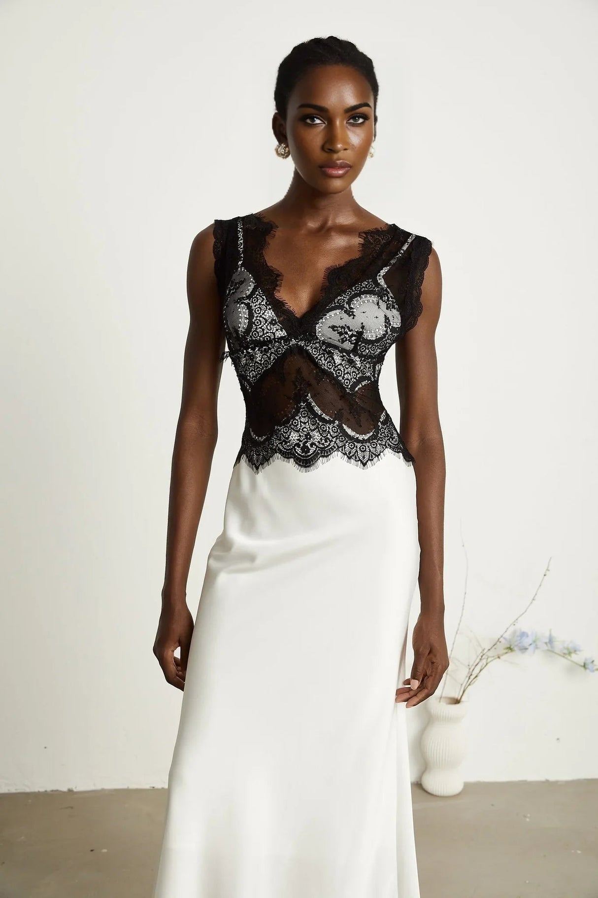 Adrianna Maxi Dress - V Neck - Sleeveless - Satin & Lace Overlay - Flared Hem - Contrast Colors