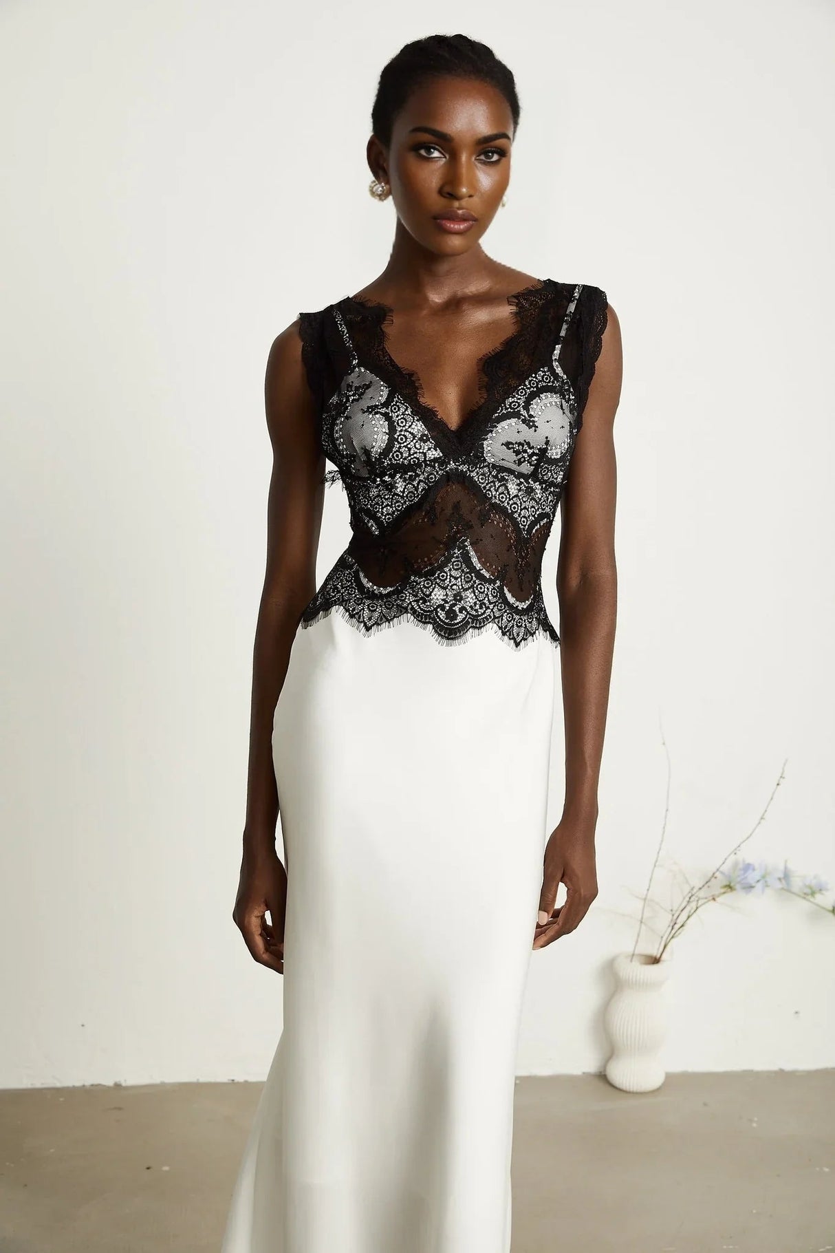 Adrianna Maxi Dress - V Neck - Sleeveless - Satin & Lace Overlay - Flared Hem - Contrast Colors