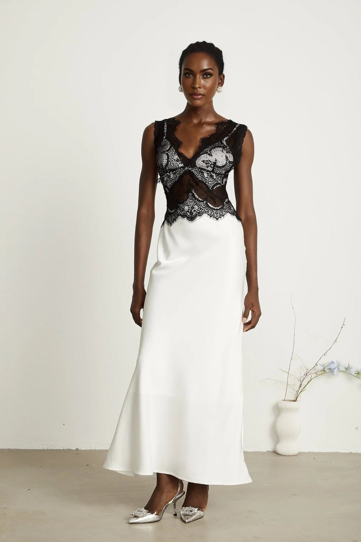 Adrianna Maxi Dress - V Neck - Sleeveless - Satin & Lace Overlay - Flared Hem - Contrast Colors