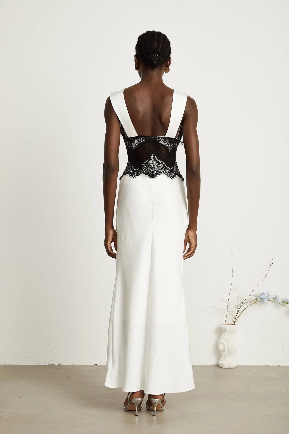 Adrianna Maxi Dress - V Neck - Sleeveless - Satin & Lace Overlay - Flared Hem - Contrast Colors