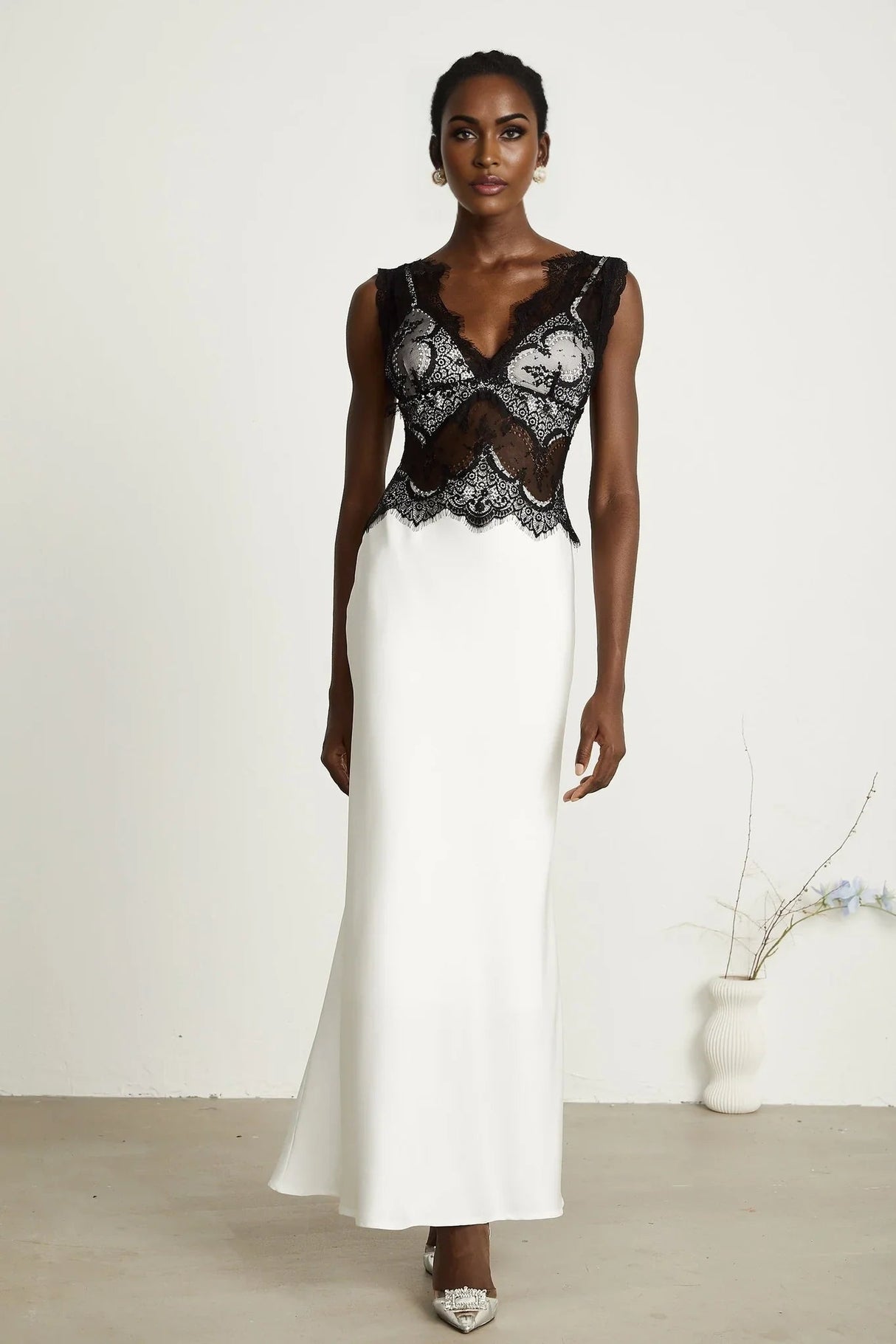 Adrianna Maxi Dress - V Neck - Sleeveless - Satin & Lace Overlay - Flared Hem - Contrast Colors