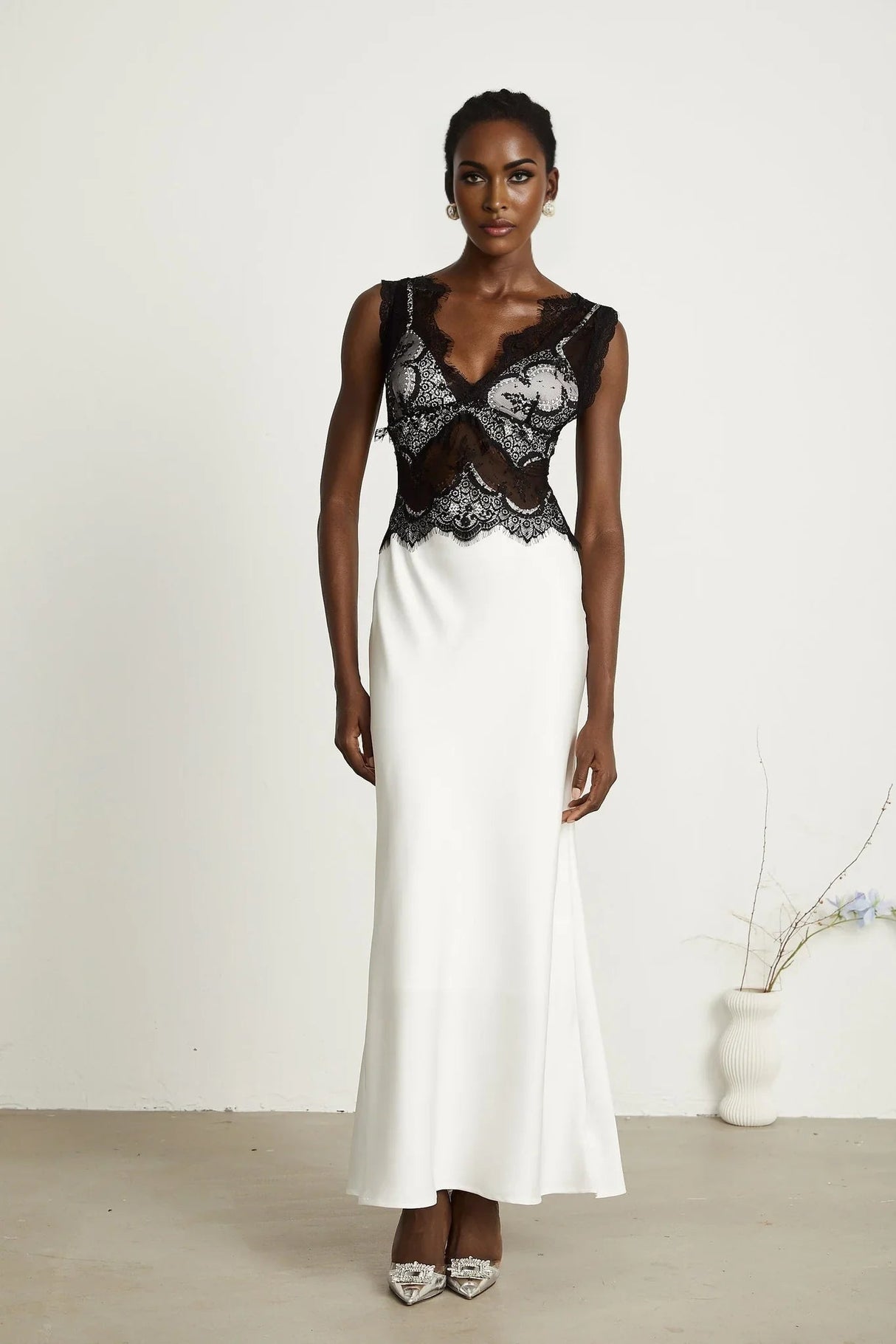 Adrianna Maxi Dress - V Neck - Sleeveless - Satin & Lace Overlay - Flared Hem - Contrast Colors