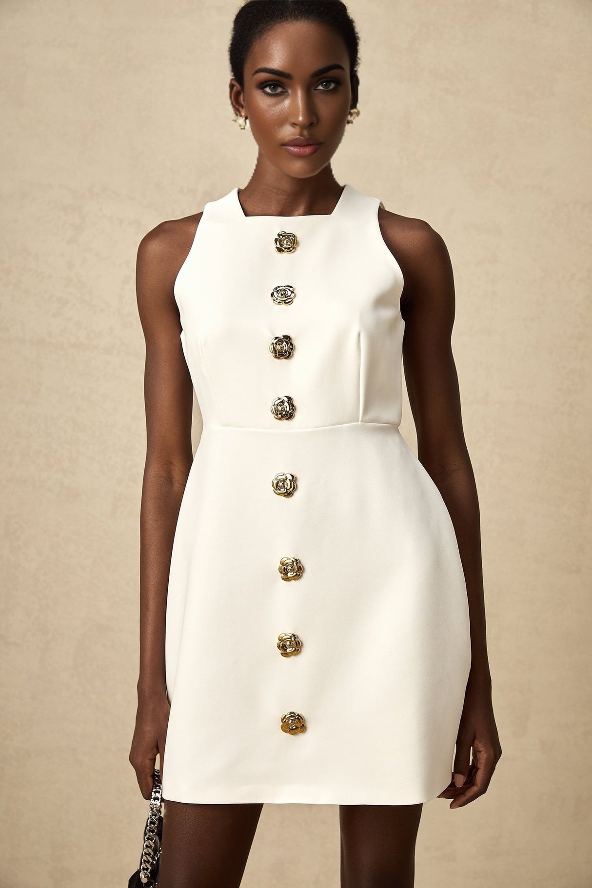 Adrielle Mini Dress With Puff Skirt - Decorative Buttons - Sleeveless - Zip Back