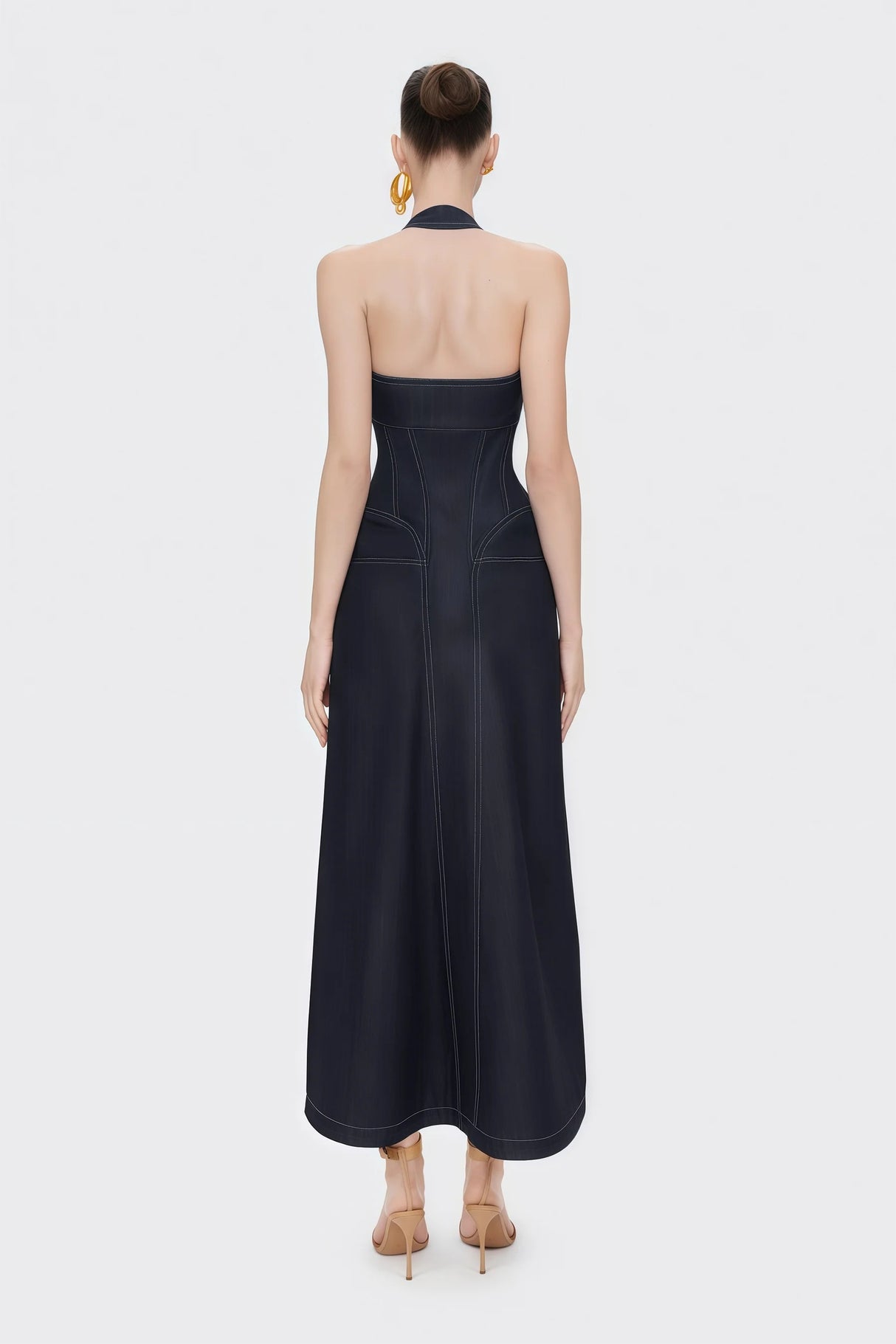Adrienne black denim frontslit contraststitching maxi dress