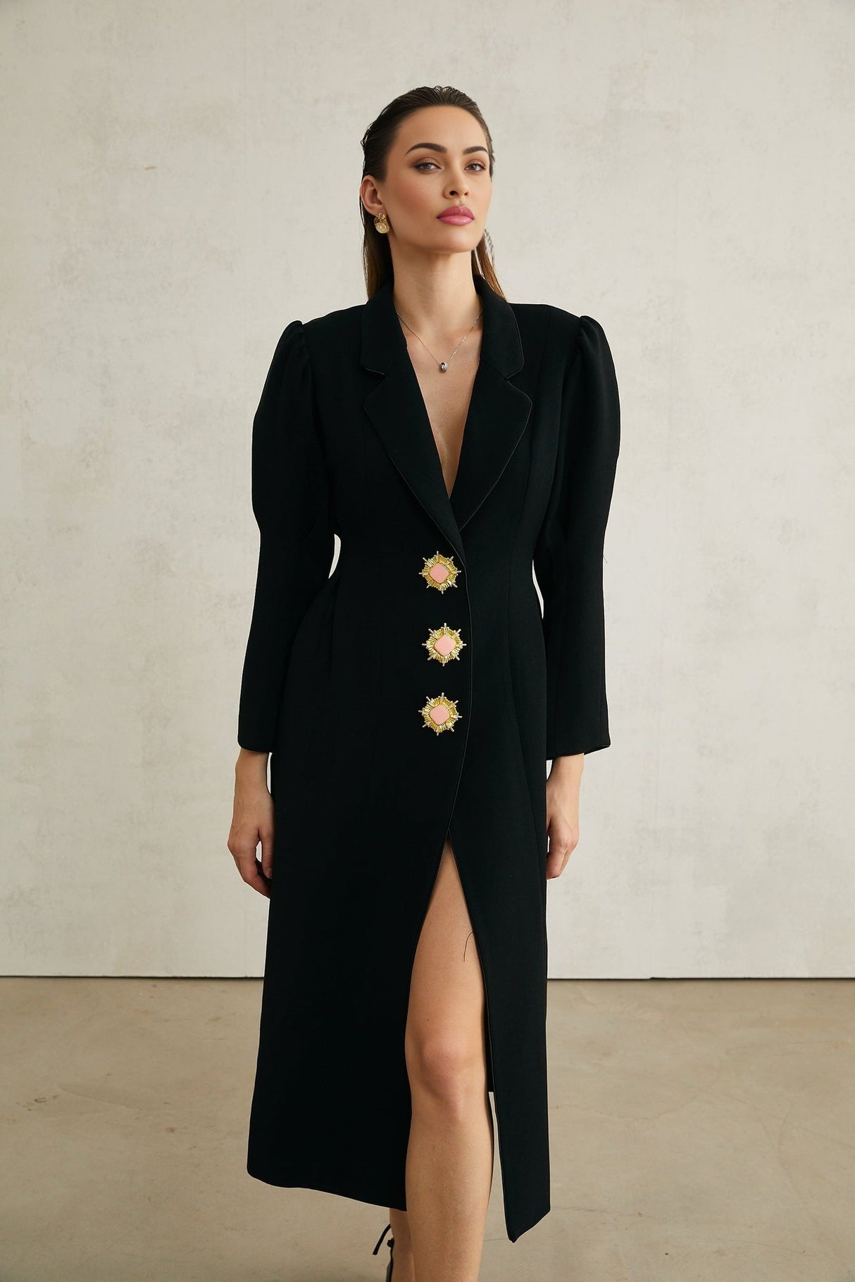 Aëlle Midi Coat - Statement Buttons - Pleated Shoulders - Lapel Collar - Tailored Fit