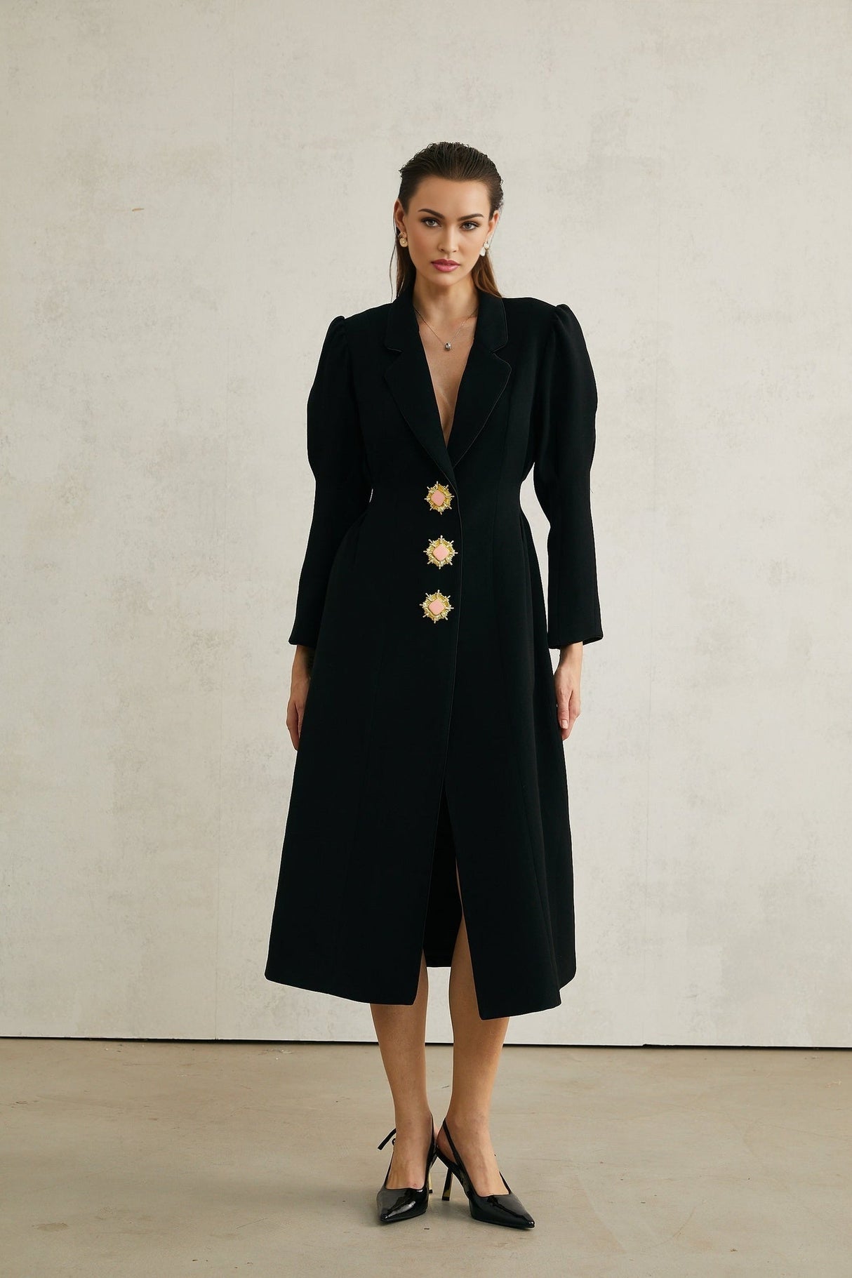 Aëlle Midi Coat - Statement Buttons - Pleated Shoulders - Lapel Collar - Tailored Fit
