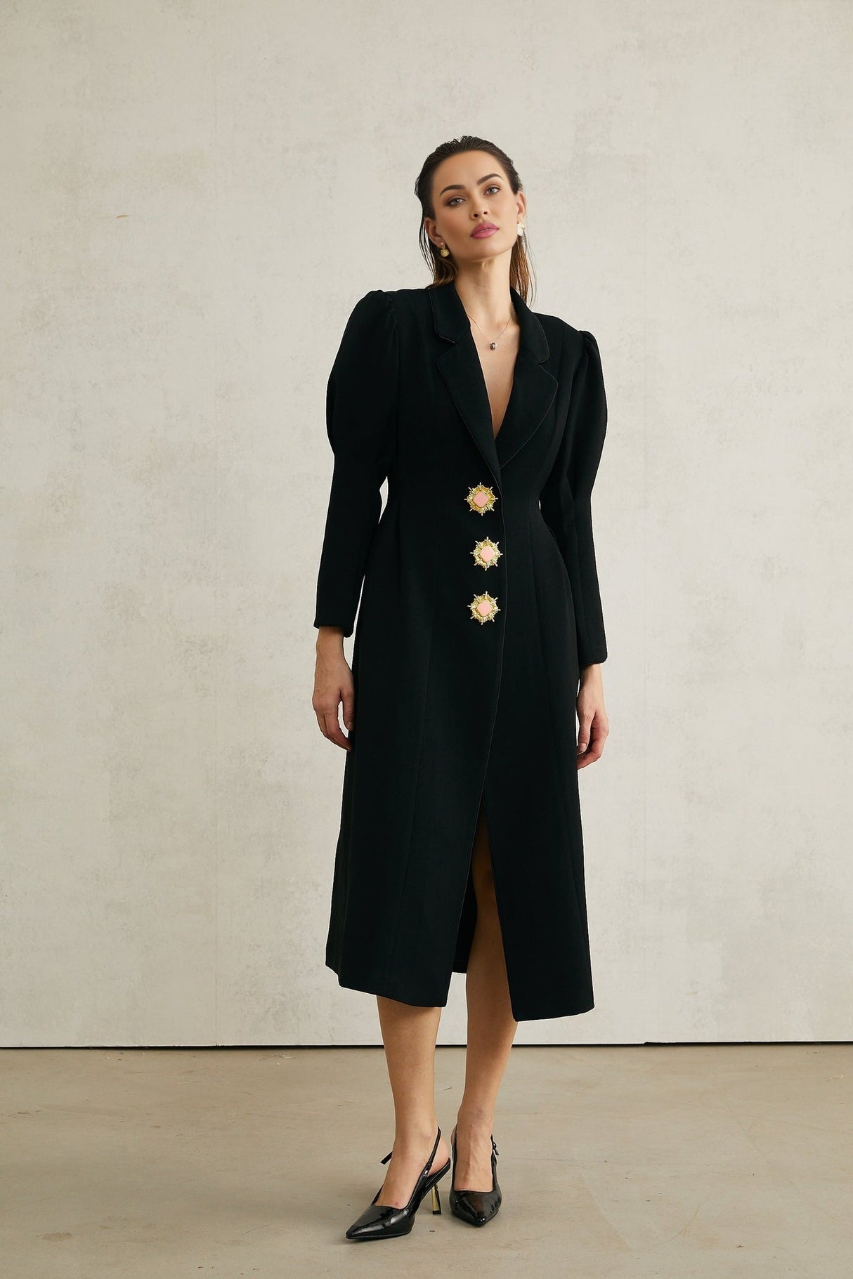 Aëlle Midi Coat - Statement Buttons - Pleated Shoulders - Lapel Collar - Tailored Fit