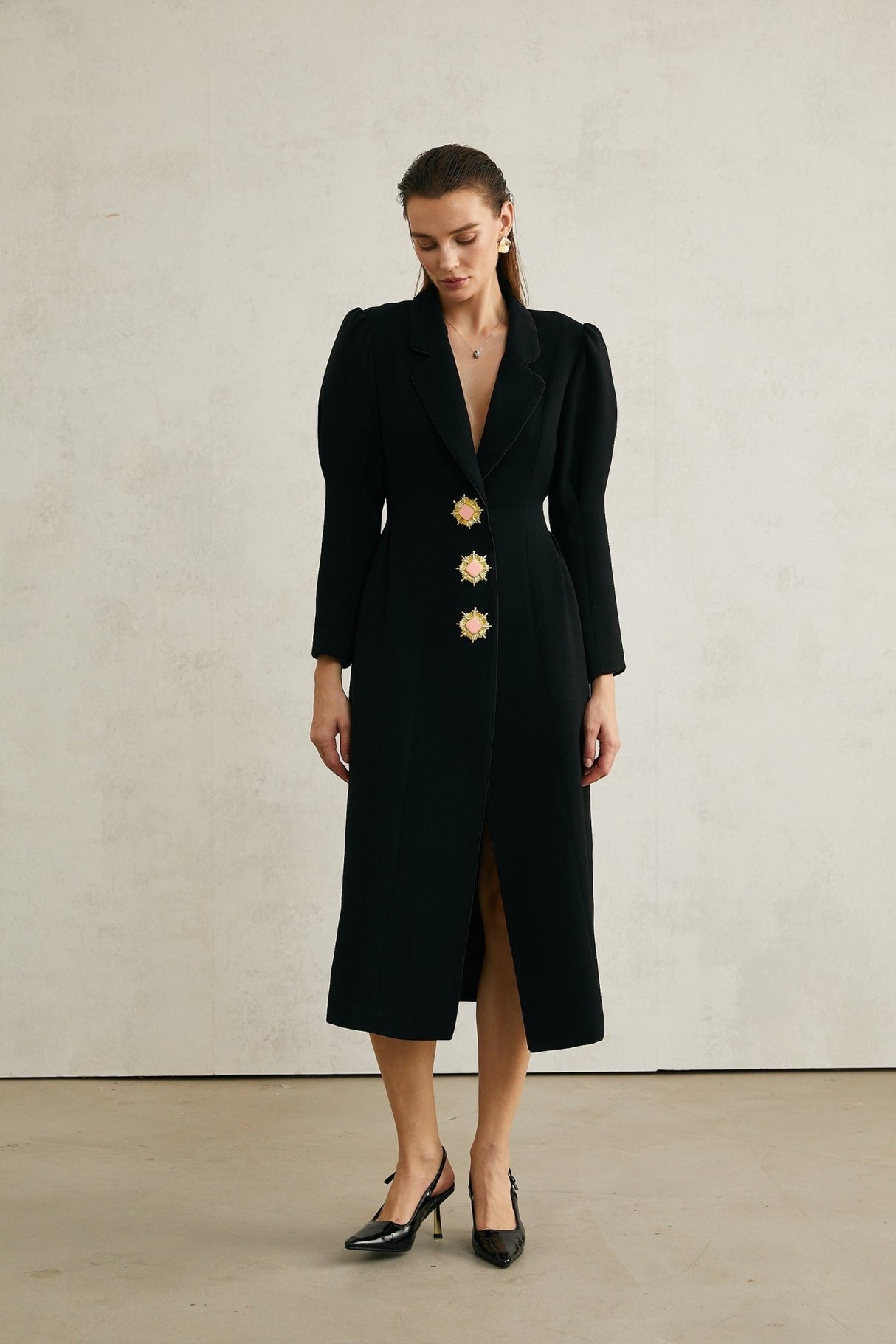 Aëlle Midi Coat - Statement Buttons - Pleated Shoulders - Lapel Collar - Tailored Fit