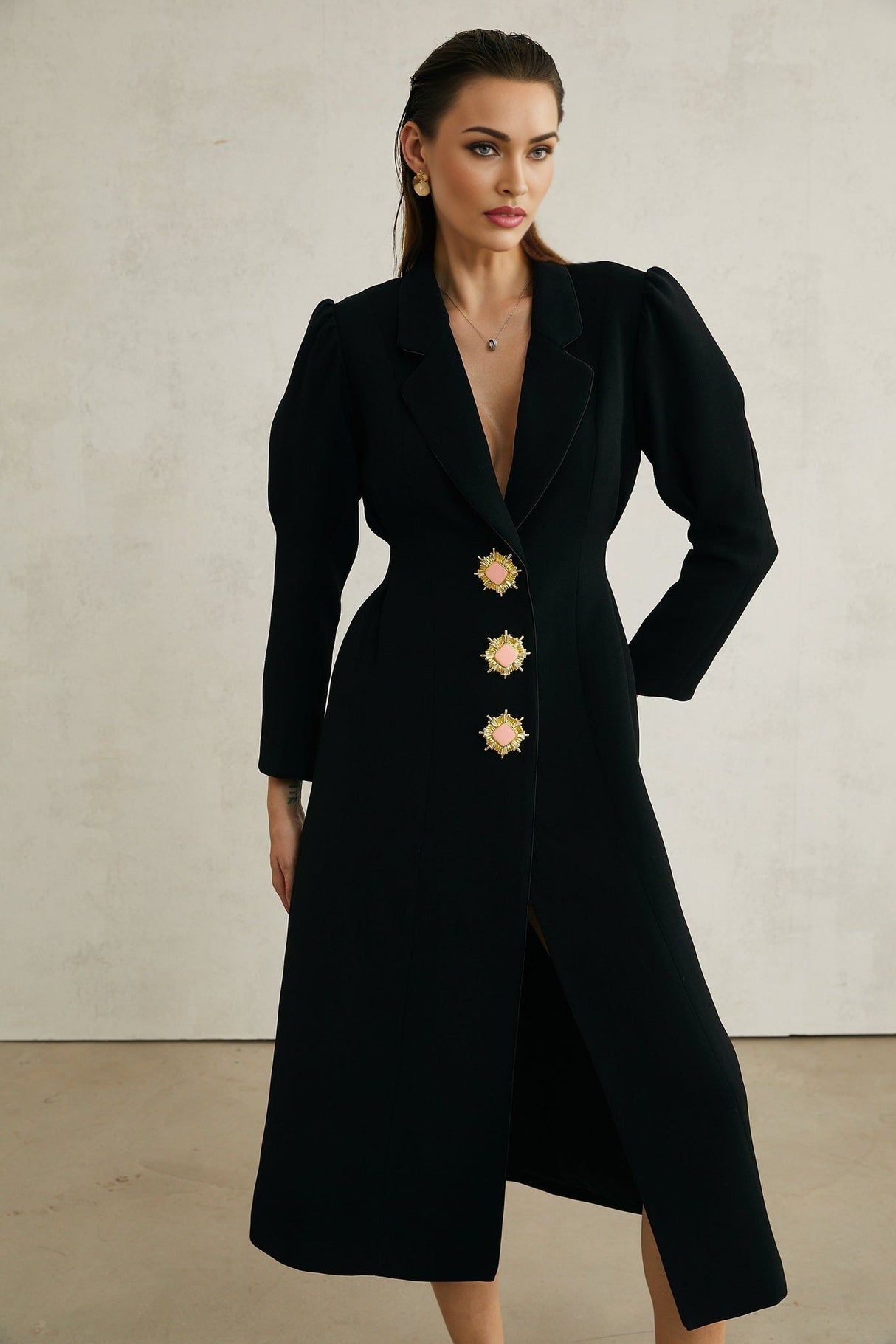 Aëlle Midi Coat - Statement Buttons - Pleated Shoulders - Lapel Collar - Tailored Fit