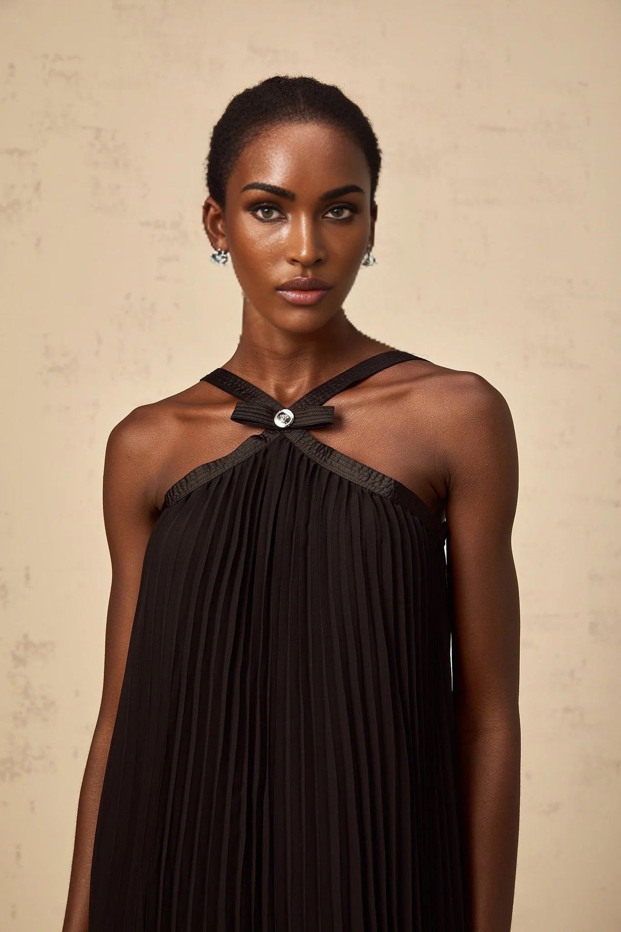 Agata Mini Dress Black Pleated Bow Detail & Rear Zip Knee Length