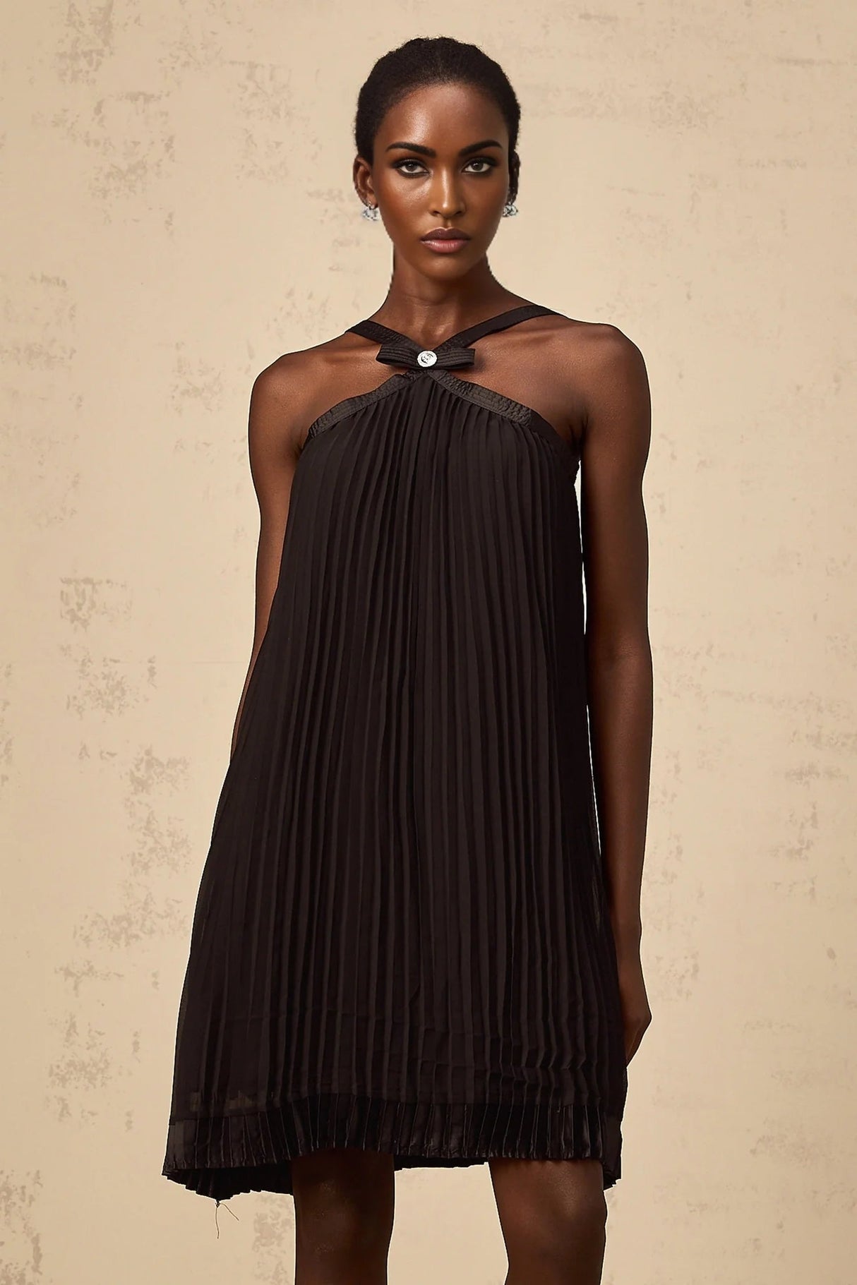 Agata Mini Dress Black Pleated Bow Detail & Rear Zip Knee Length