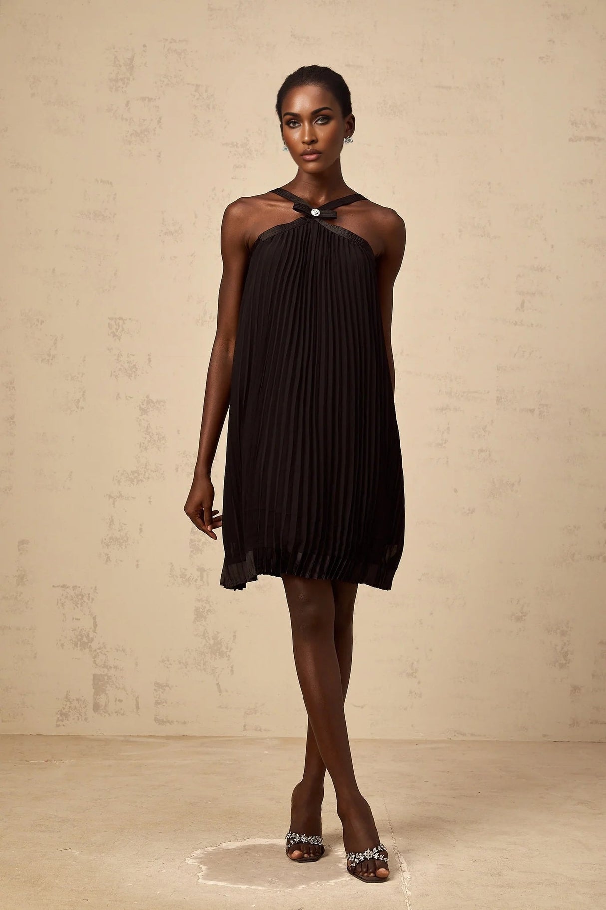 Agata Mini Dress Black Pleated Bow Detail & Rear Zip Knee Length