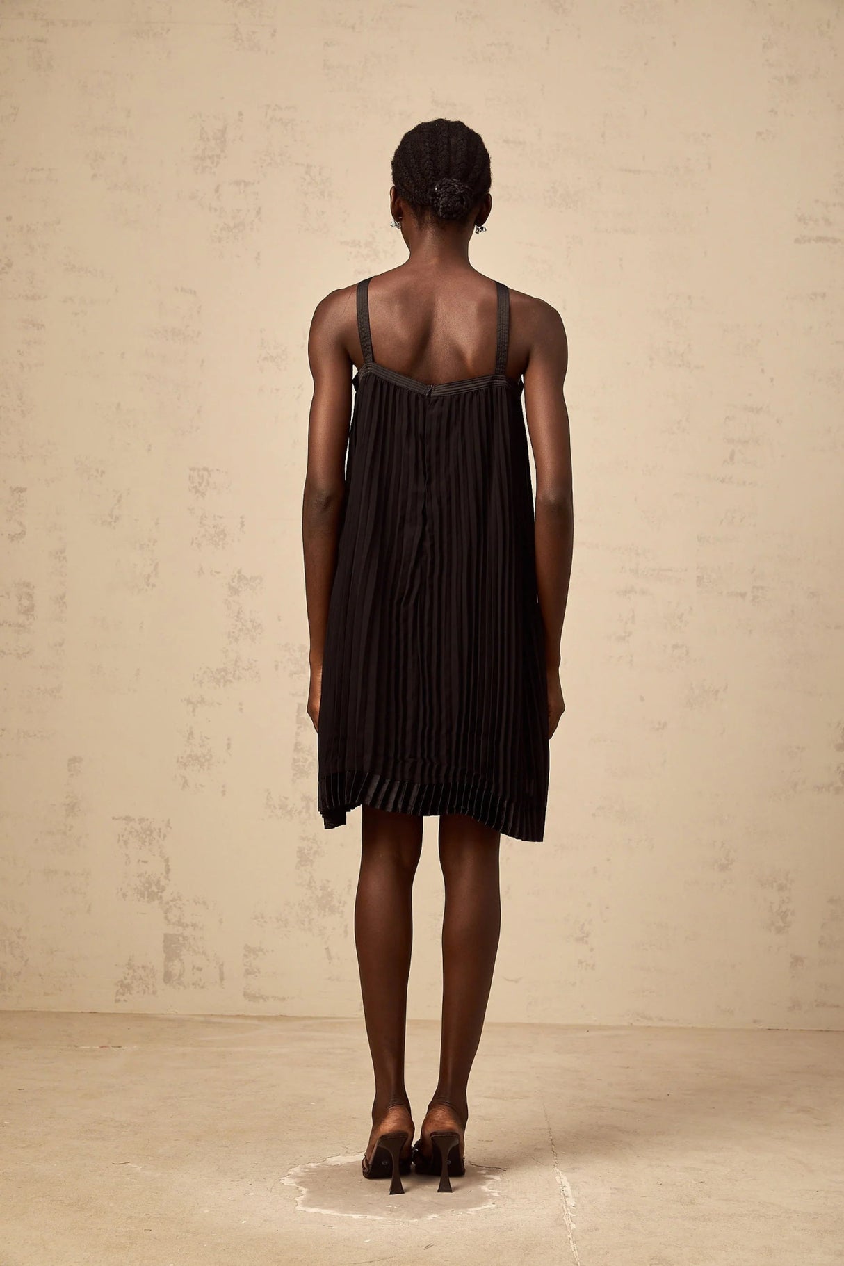 Agata Mini Dress Black Pleated Bow Detail & Rear Zip Knee Length