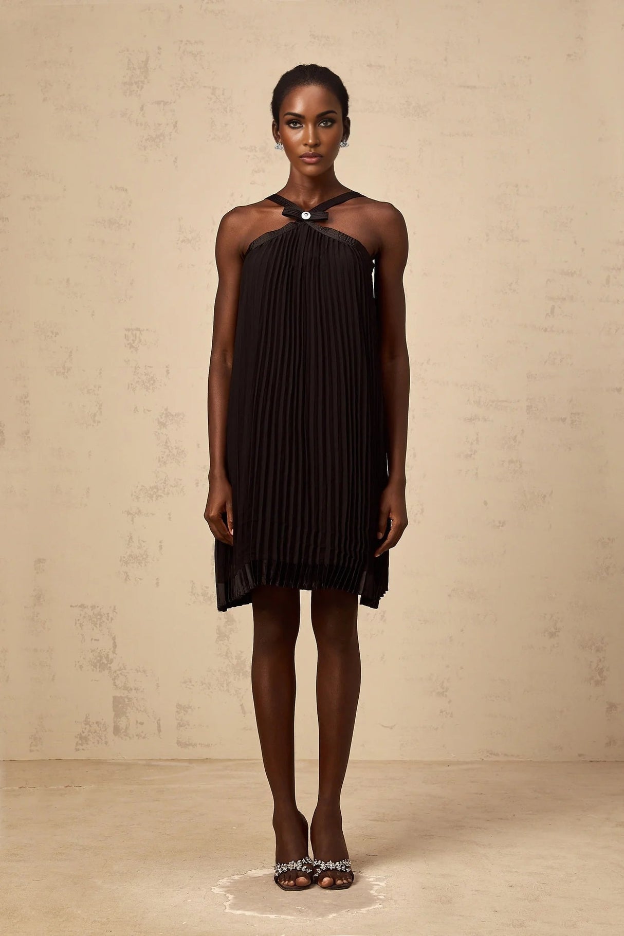 Agata Mini Dress Black Pleated Bow Detail & Rear Zip Knee Length