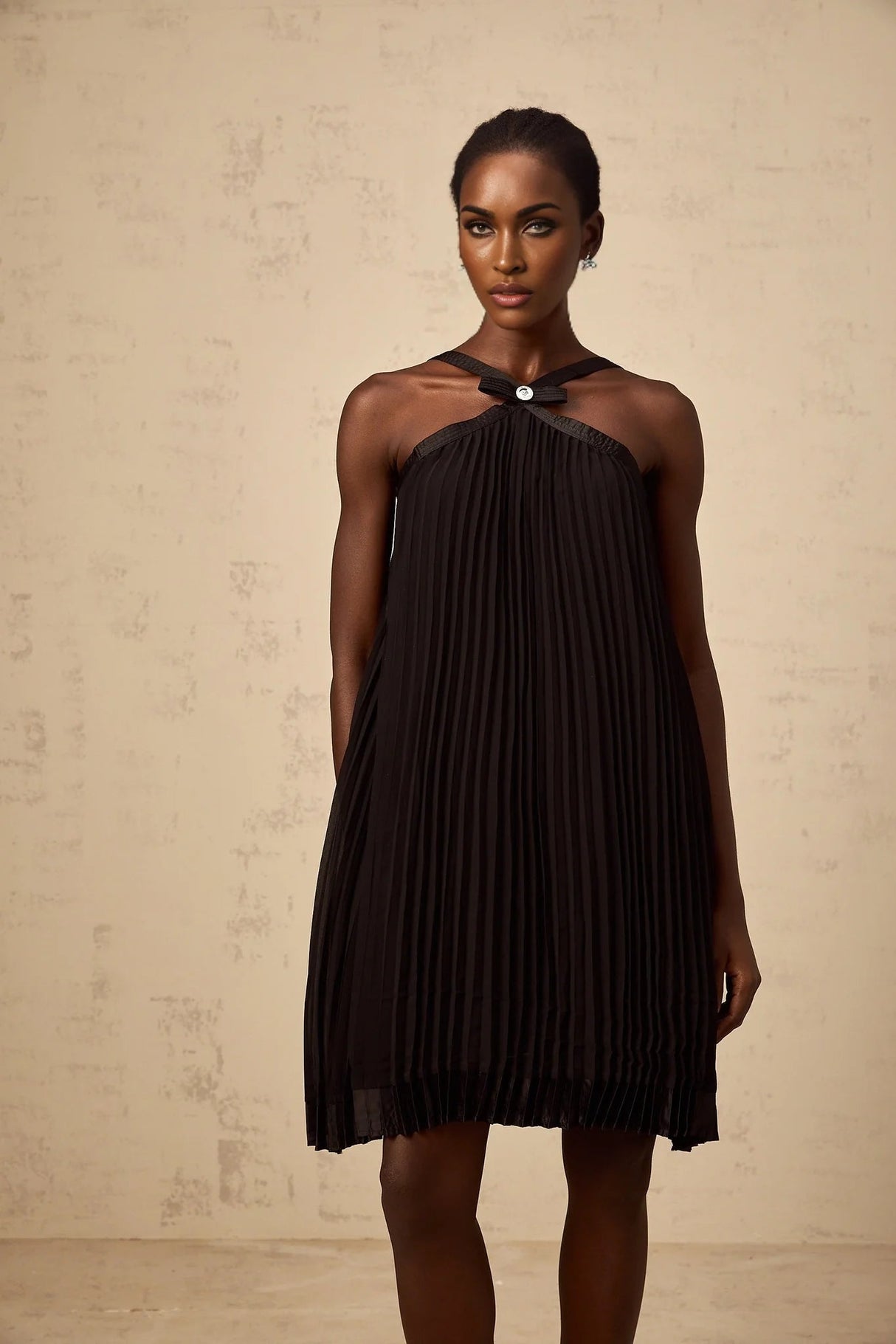 Agata Mini Dress Black Pleated Bow Detail & Rear Zip Knee Length