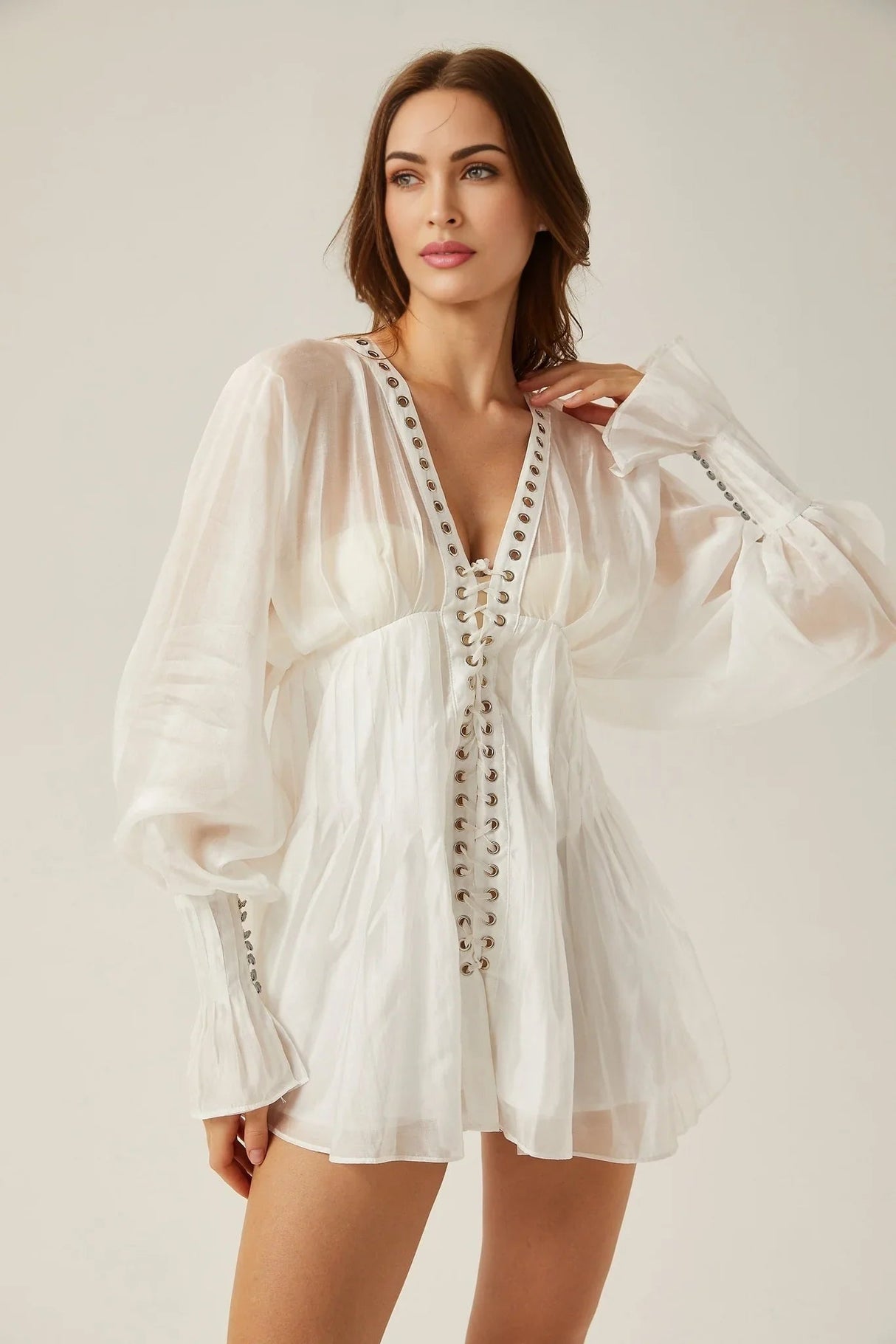 Agata Mini Dress - Plunging V Neck - Semi - Sheer - Cinched Waist - Puff Sleeves