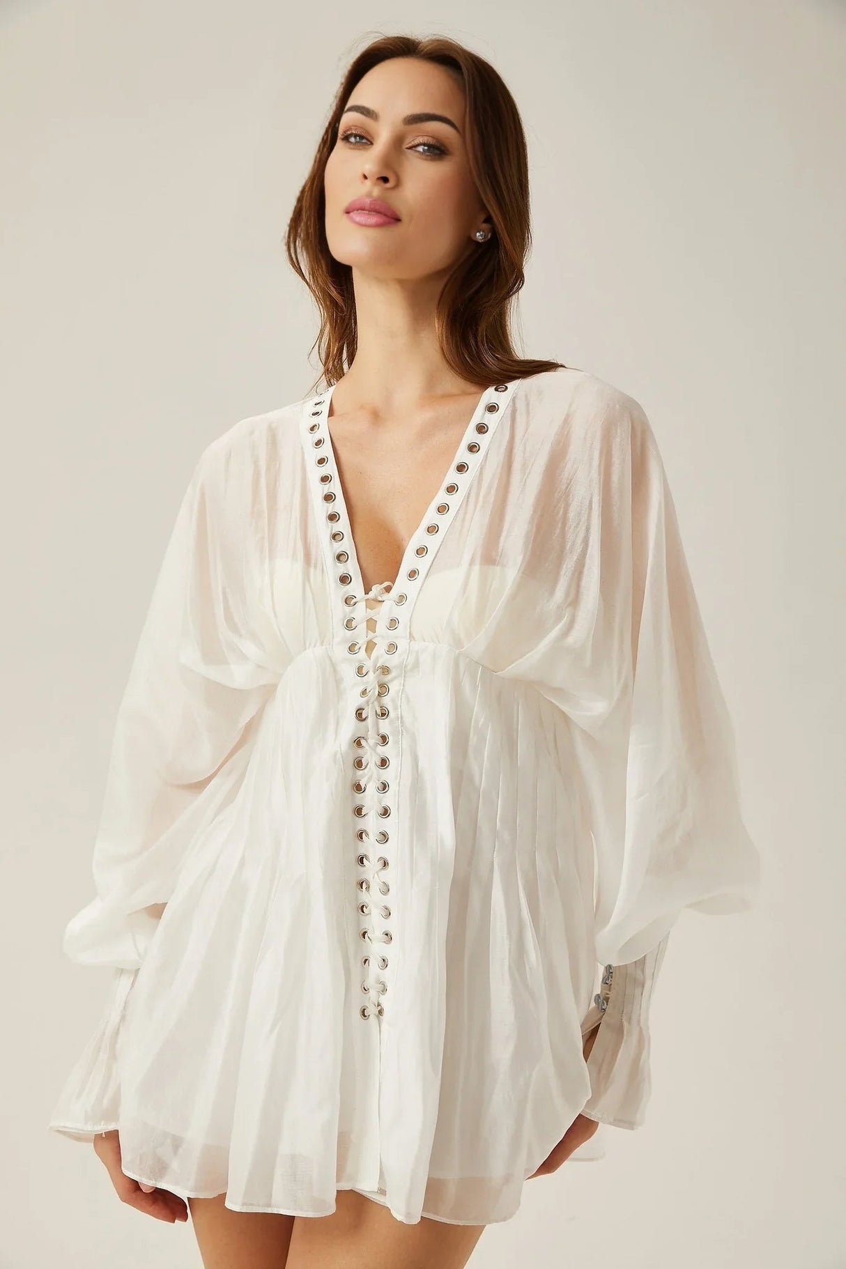 Agata Mini Dress - Plunging V Neck - Semi - Sheer - Cinched Waist - Puff Sleeves