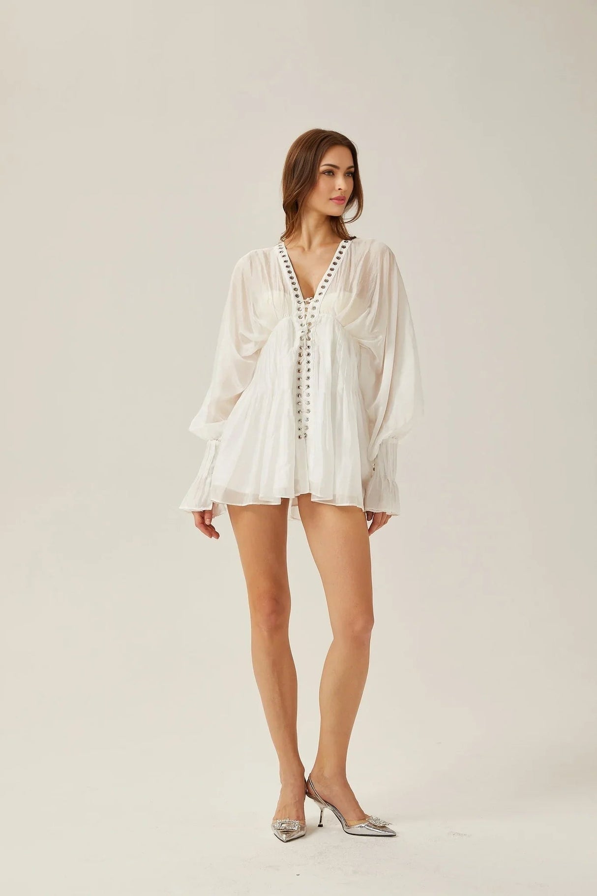 Agata Mini Dress - Plunging V Neck - Semi - Sheer - Cinched Waist - Puff Sleeves