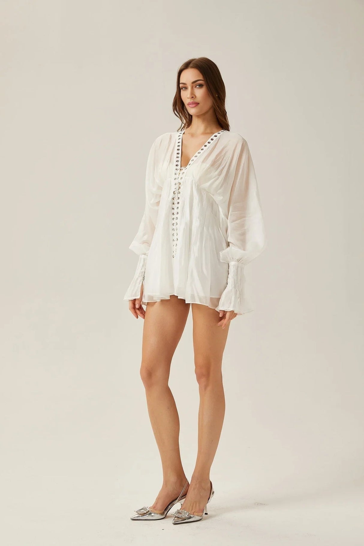 Agata Mini Dress - Plunging V Neck - Semi - Sheer - Cinched Waist - Puff Sleeves