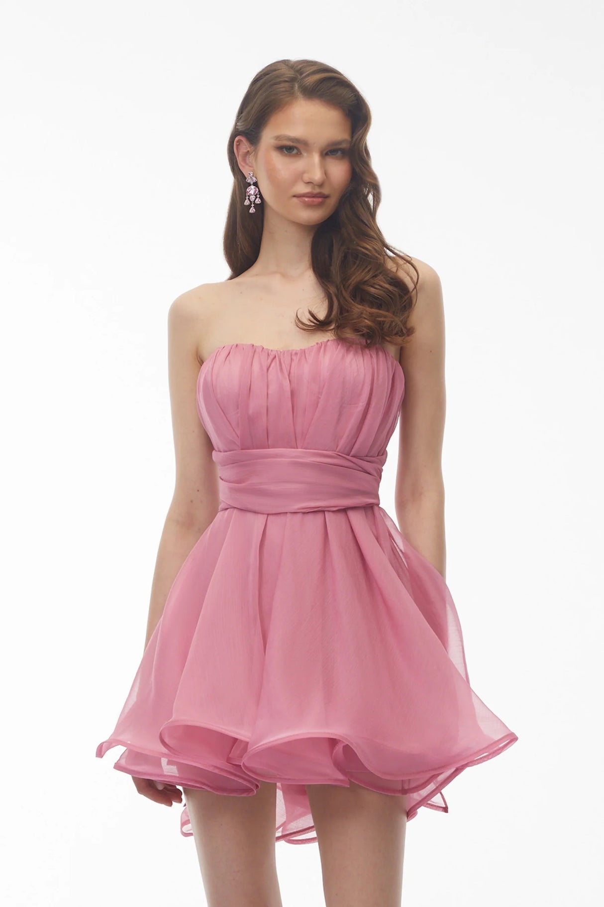 Agathe Rose Pink Off Shoulder Ruched Mini Dress with Ribbon