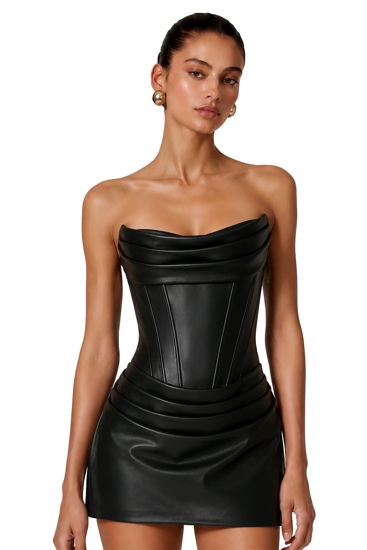 Agnes Black Ruched Leather Bodycon Mini Dress