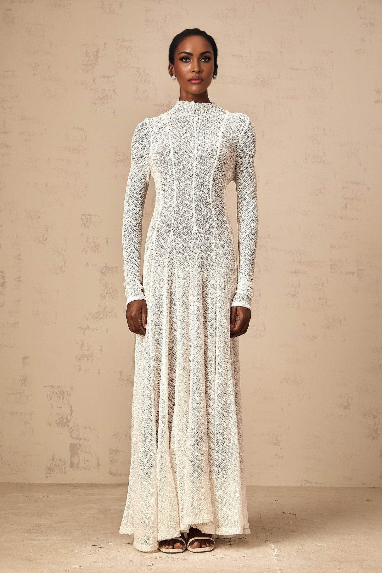 Agnese Maxi Dress - Crew Neck - Long Sleeves - Lace Overlay - Wavy Pattern with Pleated Detailing