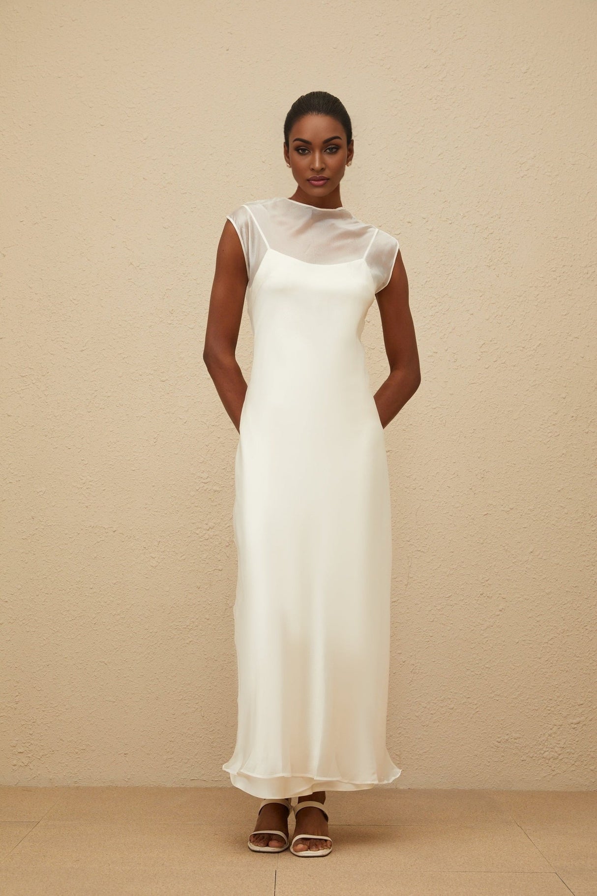 Agnese Maxi Dress - White Sheer Shoulder Design Floor - Length Flared Hem
