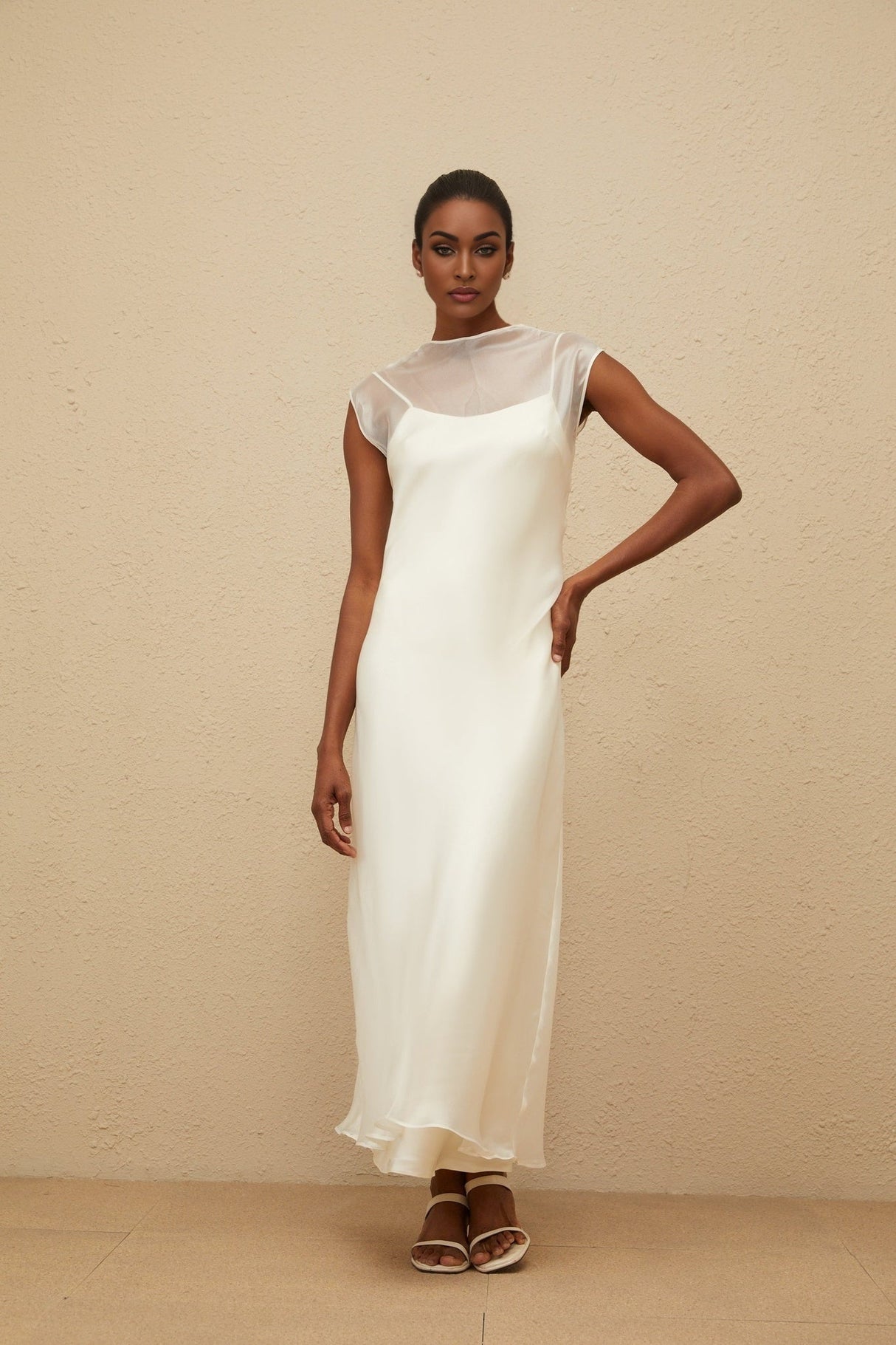 Agnese Maxi Dress - White Sheer Shoulder Design Floor - Length Flared Hem