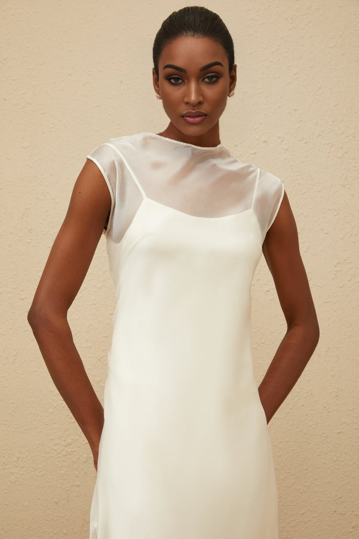 Agnese Maxi Dress - White Sheer Shoulder Design Floor - Length Flared Hem