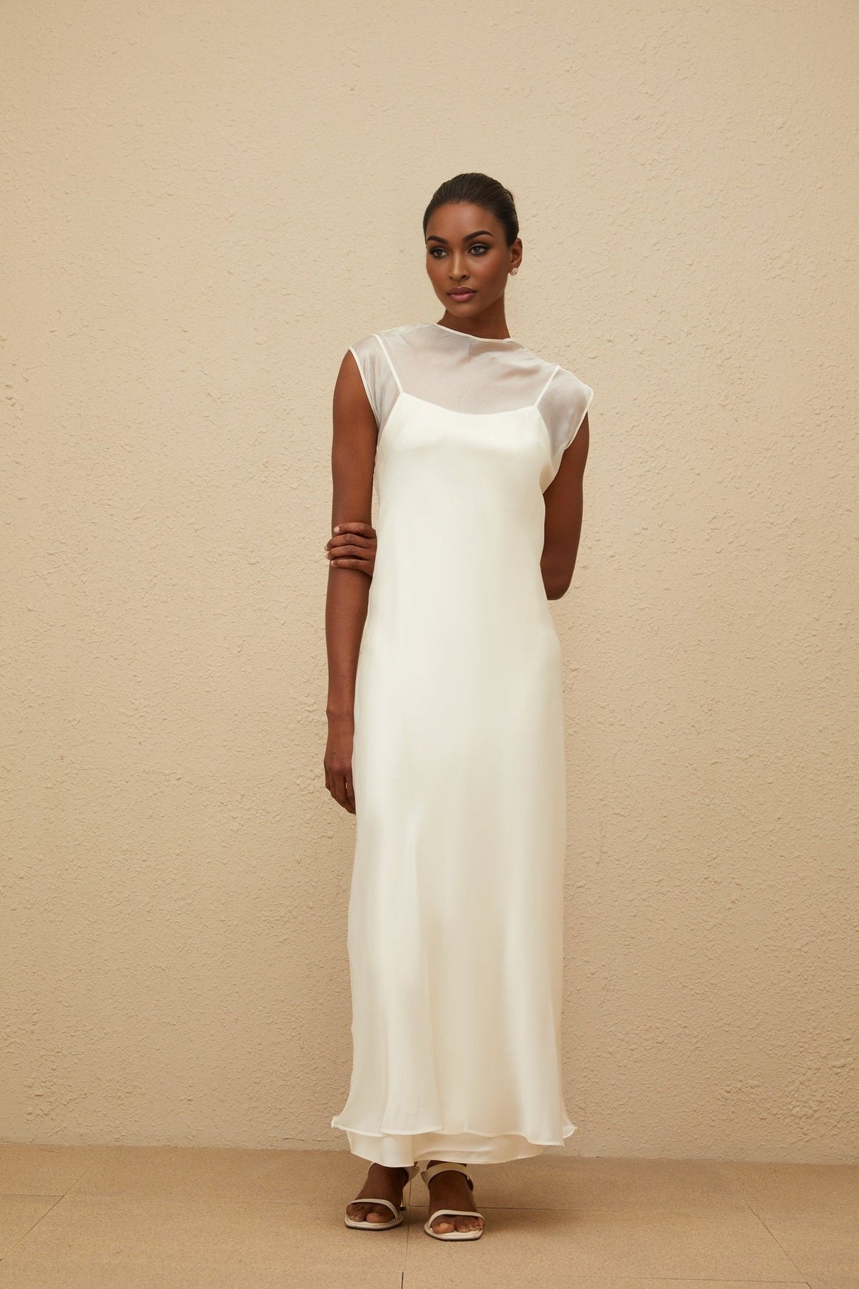 Agnese Maxi Dress - White Sheer Shoulder Design Floor - Length Flared Hem