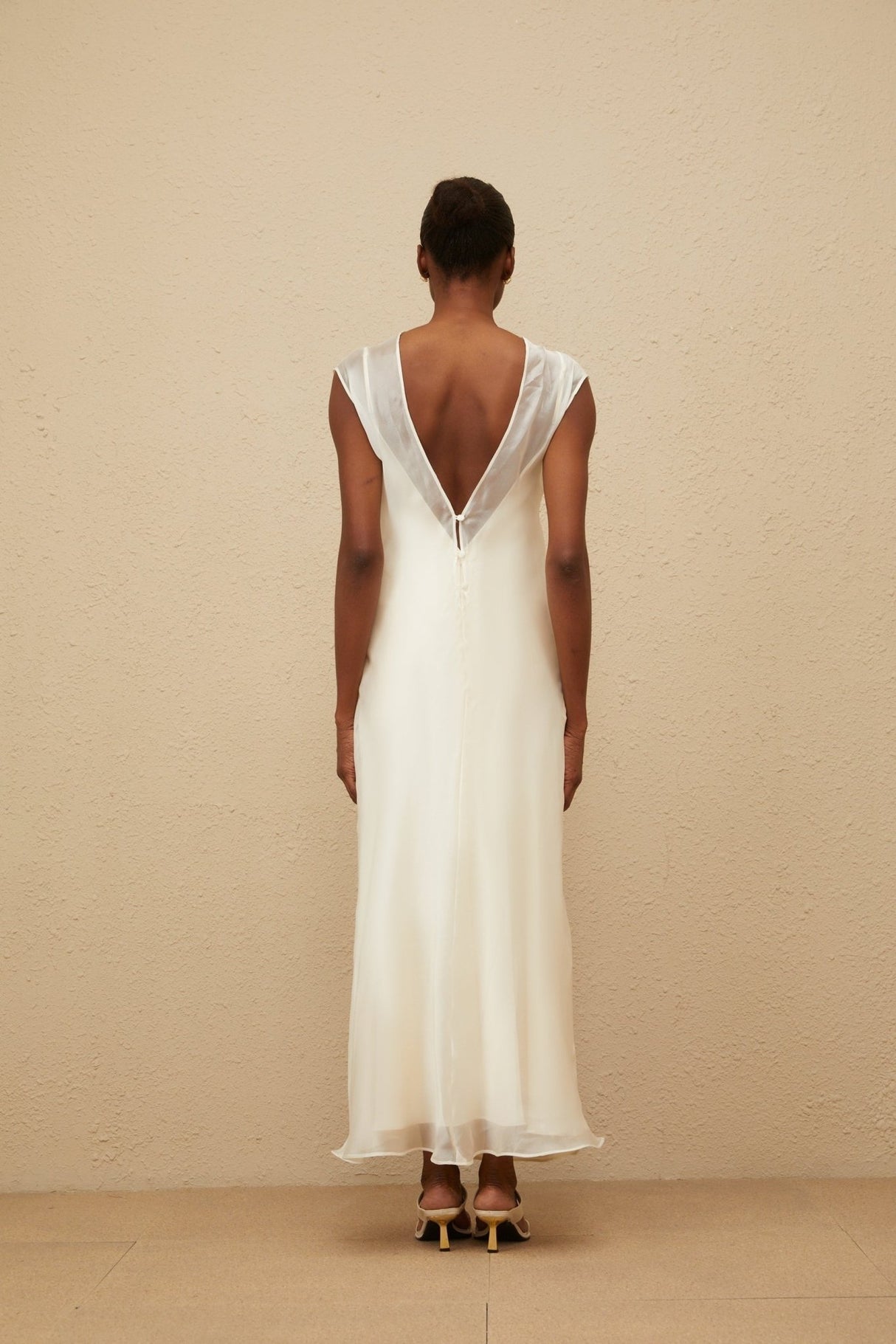 Agnese Maxi Dress - White Sheer Shoulder Design Floor - Length Flared Hem