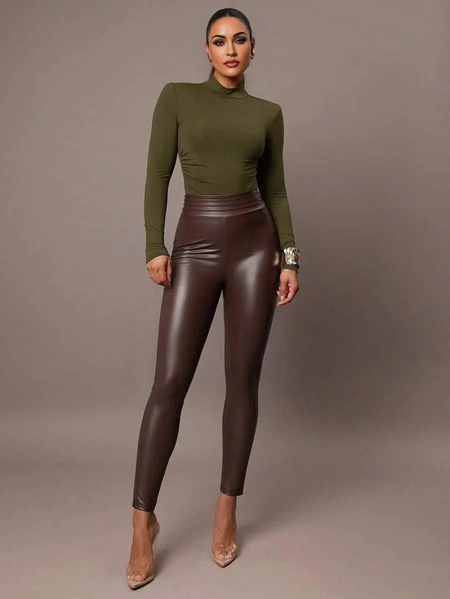 Agnolina Bodysuit - High Stretch Knitted Fabric - Slim Fit - Long Sleeve Length - Casual Style - Backless, Ruched - Stand Collar Neckline