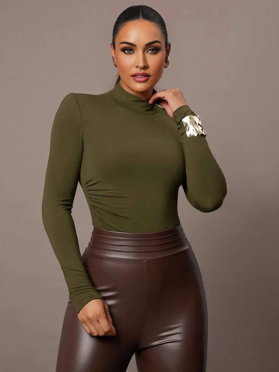 Agnolina Bodysuit - High Stretch Knitted Fabric - Slim Fit - Long Sleeve Length - Casual Style - Backless, Ruched - Stand Collar Neckline