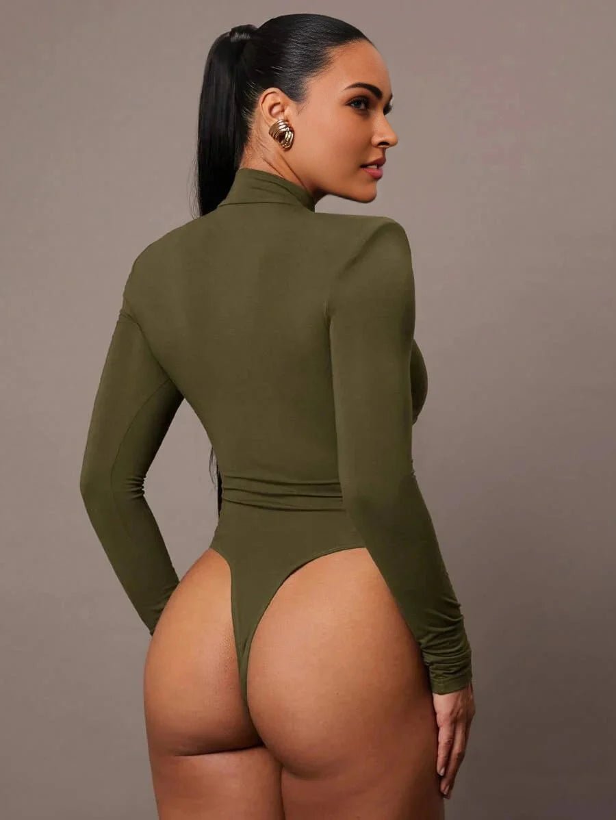 Agnolina Bodysuit - High Stretch Knitted Fabric - Slim Fit - Long Sleeve Length - Casual Style - Backless, Ruched - Stand Collar Neckline